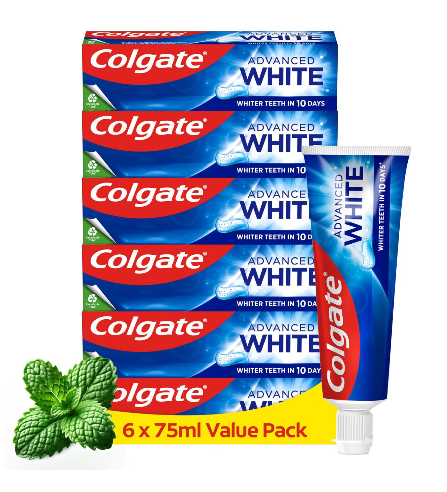  Colgate Colgate Advanced White Toothpaste 6 x 75 ml | Whiter Teeth in 10 Days | Clinically Proven Whitening | Whitening Toothpaste with Micro-Cleaning Crystals | Mint Toothpaste - Buy Online on GoSupps.com