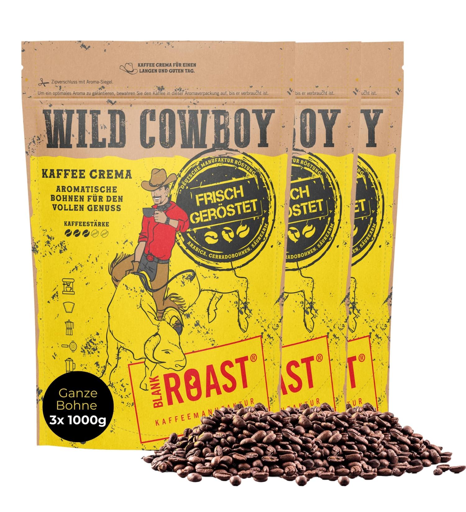 Blank Roast Wild Cowboy Crema - 100% Arabica Whole Coffee Beans - Gently Roasted with Hickory Wood - Low Acid - 3x1000g Pack - Buy Online on GoSupps.com
