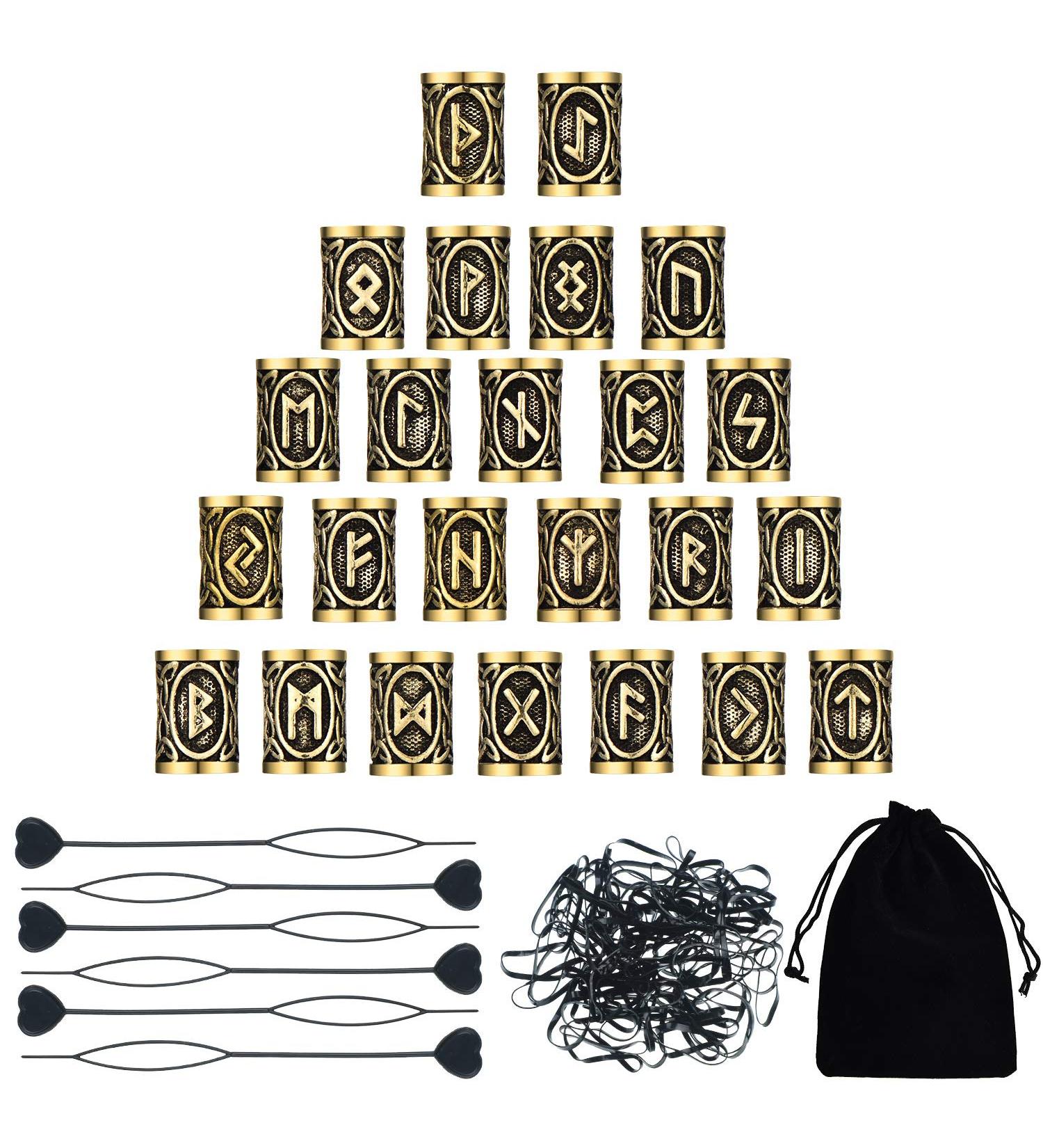 24 Pieces Norse Viking Hair Beard Braiding Beads + 6 Pull Hair Pins & 160 Black Rubber Bands - Gold | Perfect for Bracelets & Necklaces - Buy Online on GoSupps.com