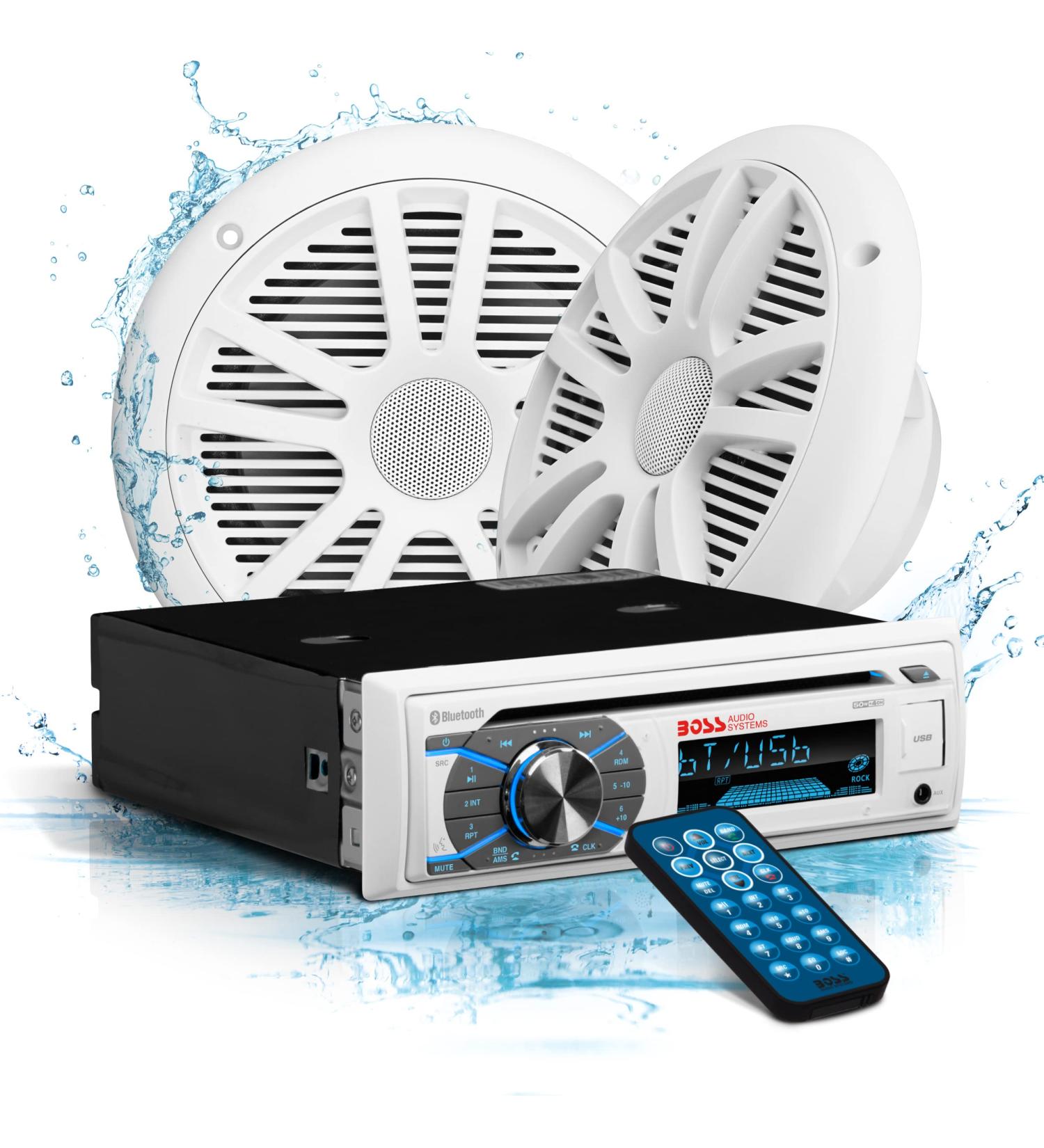 BOSS Marine Boat Stereo Sound System Speaker Package - MCK508WB.6, Single Din Radio, CD Player, Bluetooth, Two 6.5 Speakers, Dipole Antenna - Buy Online on GoSupps.com