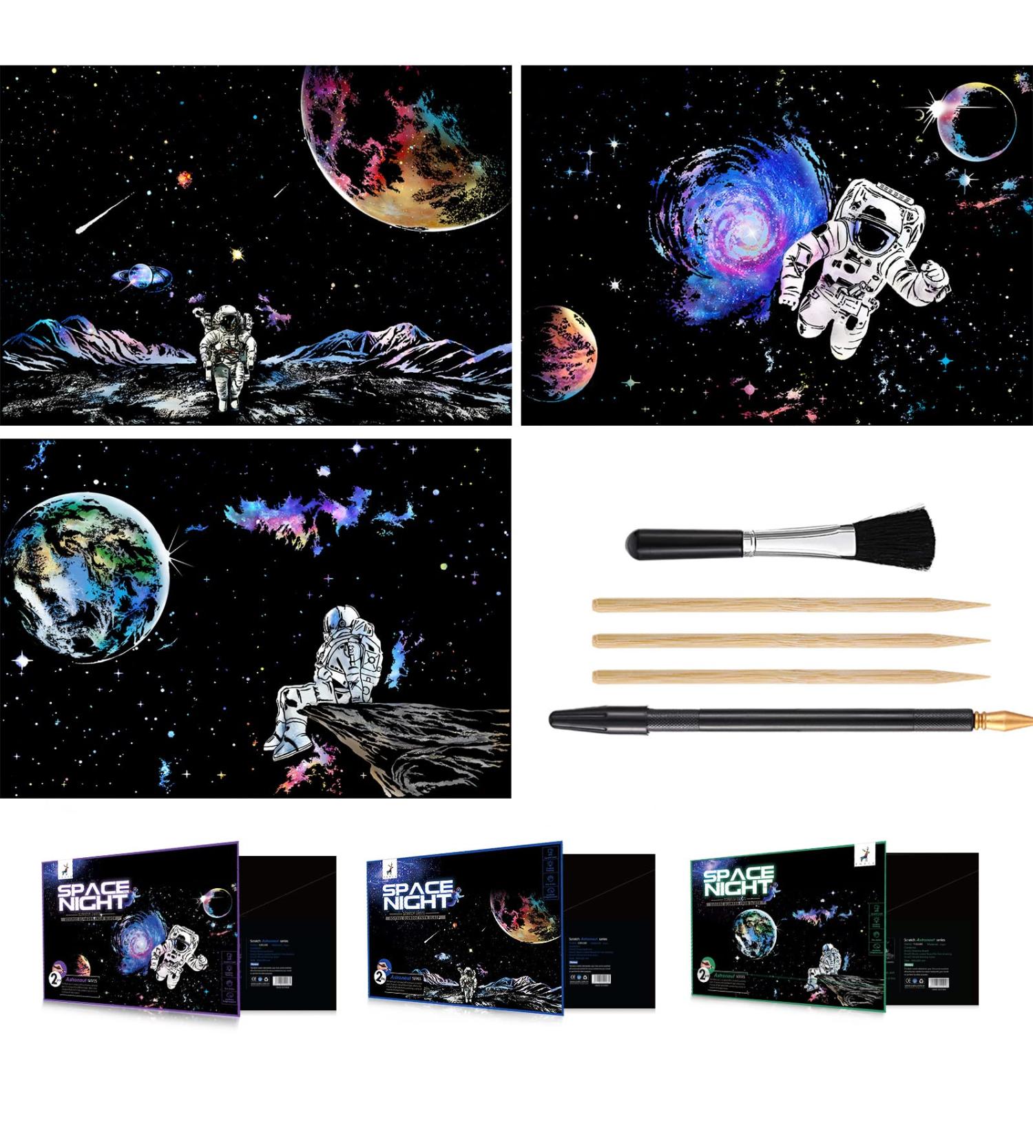 Space Series Scratch & Engraving Art Paper Kit - 3 Pack with Tools for Kids & Adults | Rainbow Sketch Cosmos & Astronaut Starry Sky Painting Craft Set - Buy Online on GoSupps.com