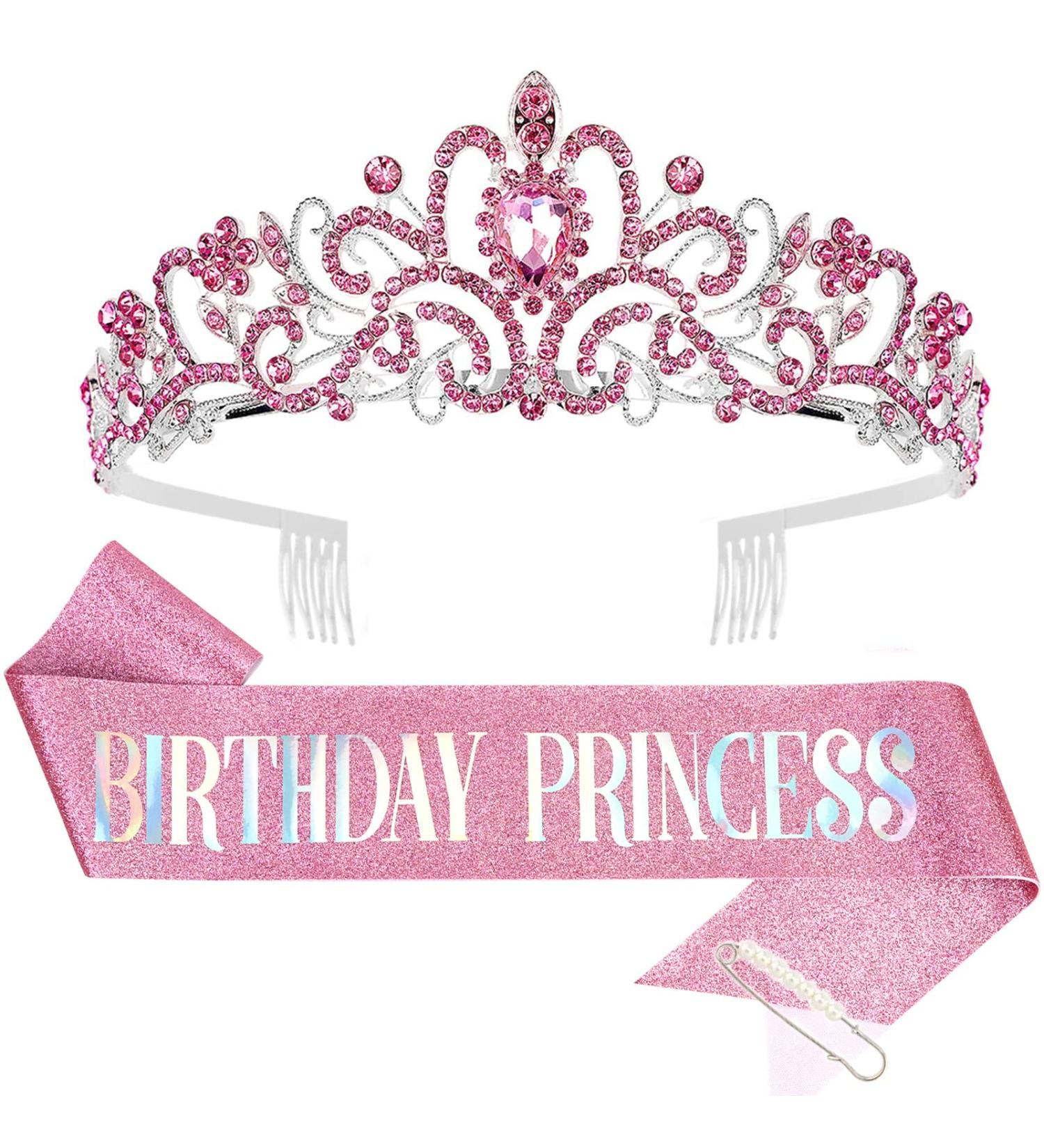 CIEHER Princess Crown and Birthday Sash Set Pink Rose Gold Tiara for Women Birthday Decorations for Girls