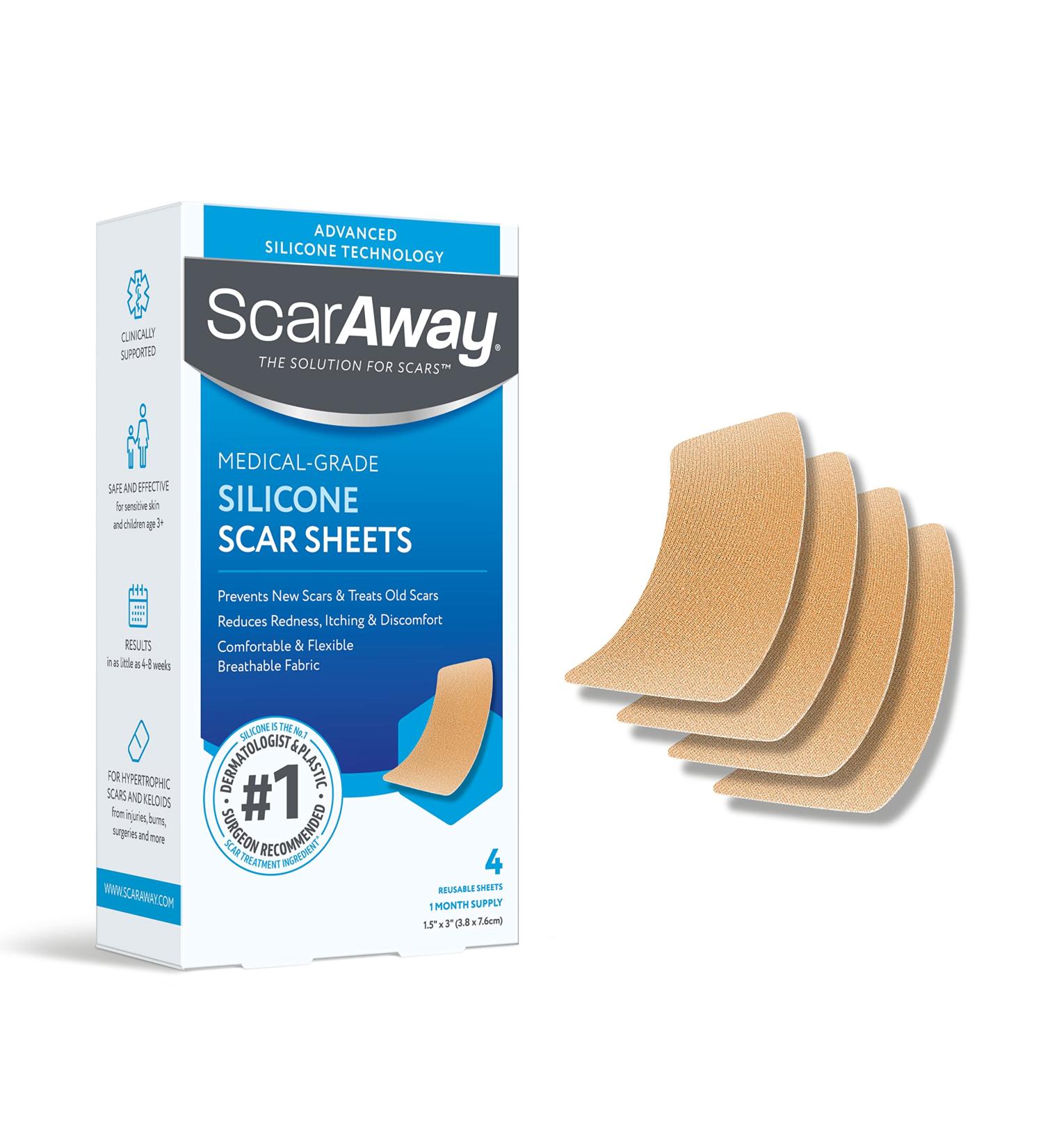 ScarAway Advanced Silicone Scar Sheets - Medical Grade Treatment for Surgical, Burn, Acne & Body Scars - 4 Tan Reusable Strips - Buy Online on GoSupps.com