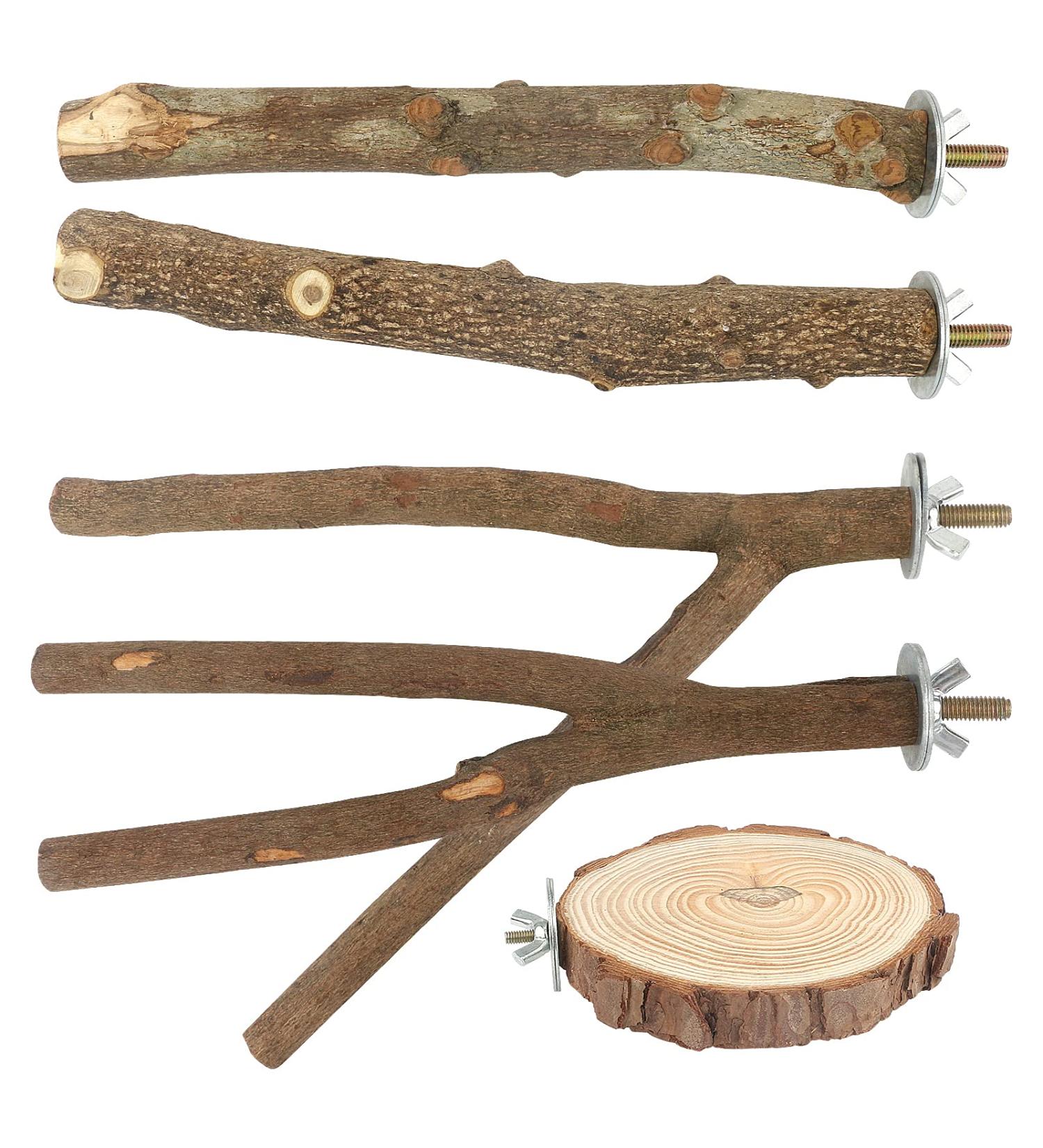 Natural Wooden Bird Perch Set - 5PCS Bird Stand Toy for Cage, Paw Grinding Stick, Exercise Training, Climbing Toys - Bird Cage Accessories - Buy Online on GoSupps.com