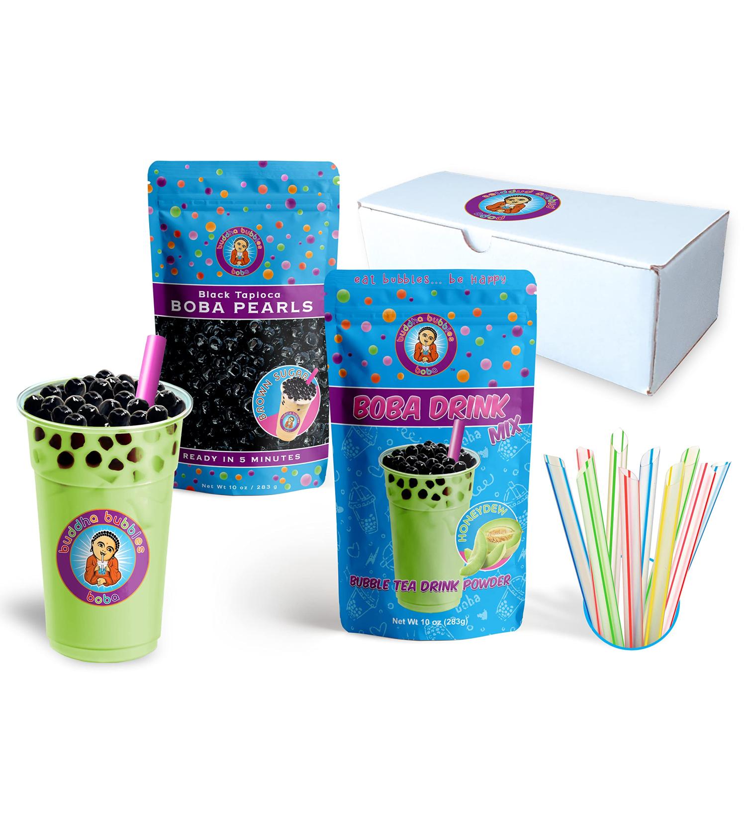 HONEYDEW MELON Boba Tea Kit - Includes Tea Powder, Tapioca Pearls & Straws | Buddha Bubbles Boba Gift Box - Buy Online on GoSupps.com