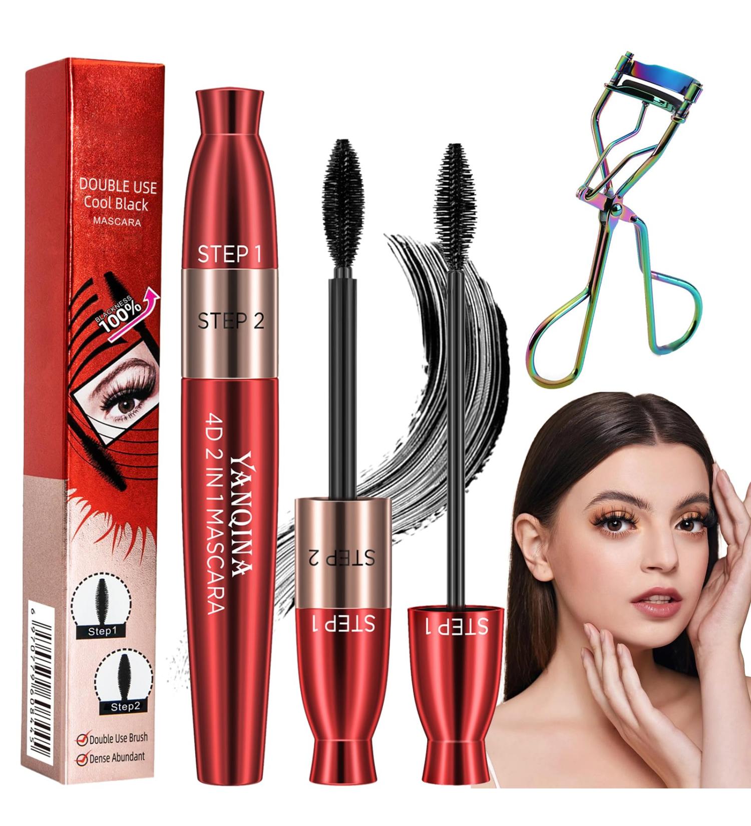 HONGJIANV 4D Lengthening Curling Mascara 4D Black Waterproof Silk Fiber Lash Mascara 2 in1 5x Longer Waterproof Mascara 2 In 1 Black Mascara Double Headed 2 Effect (1PC) - Buy Online on GoSupps.com