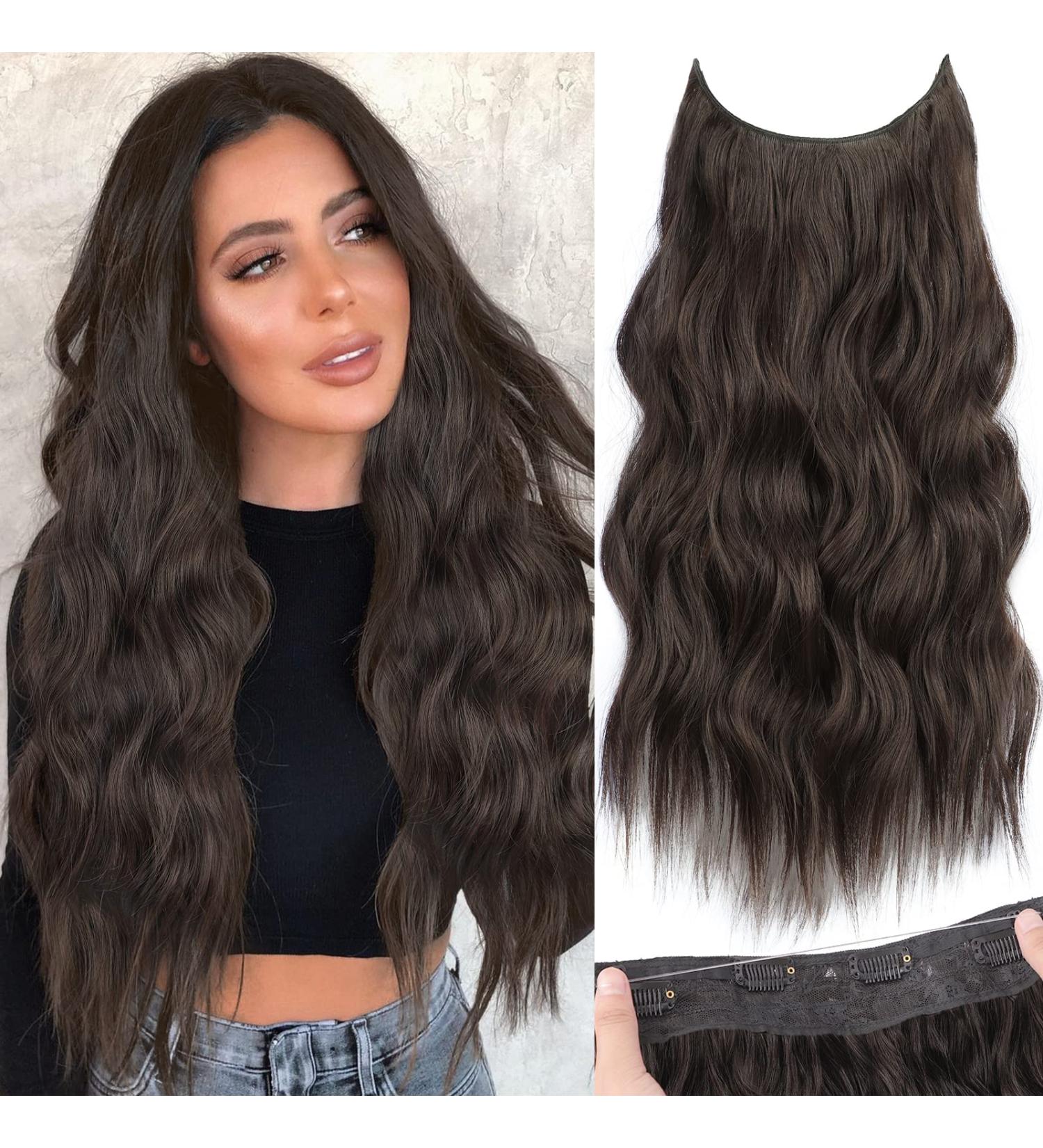 Invisible Wire Hair Extensions | Adjustable Size | Long Wavy Hairpiece 20 Inch Dark Brown - Buy Online on GoSupps.com