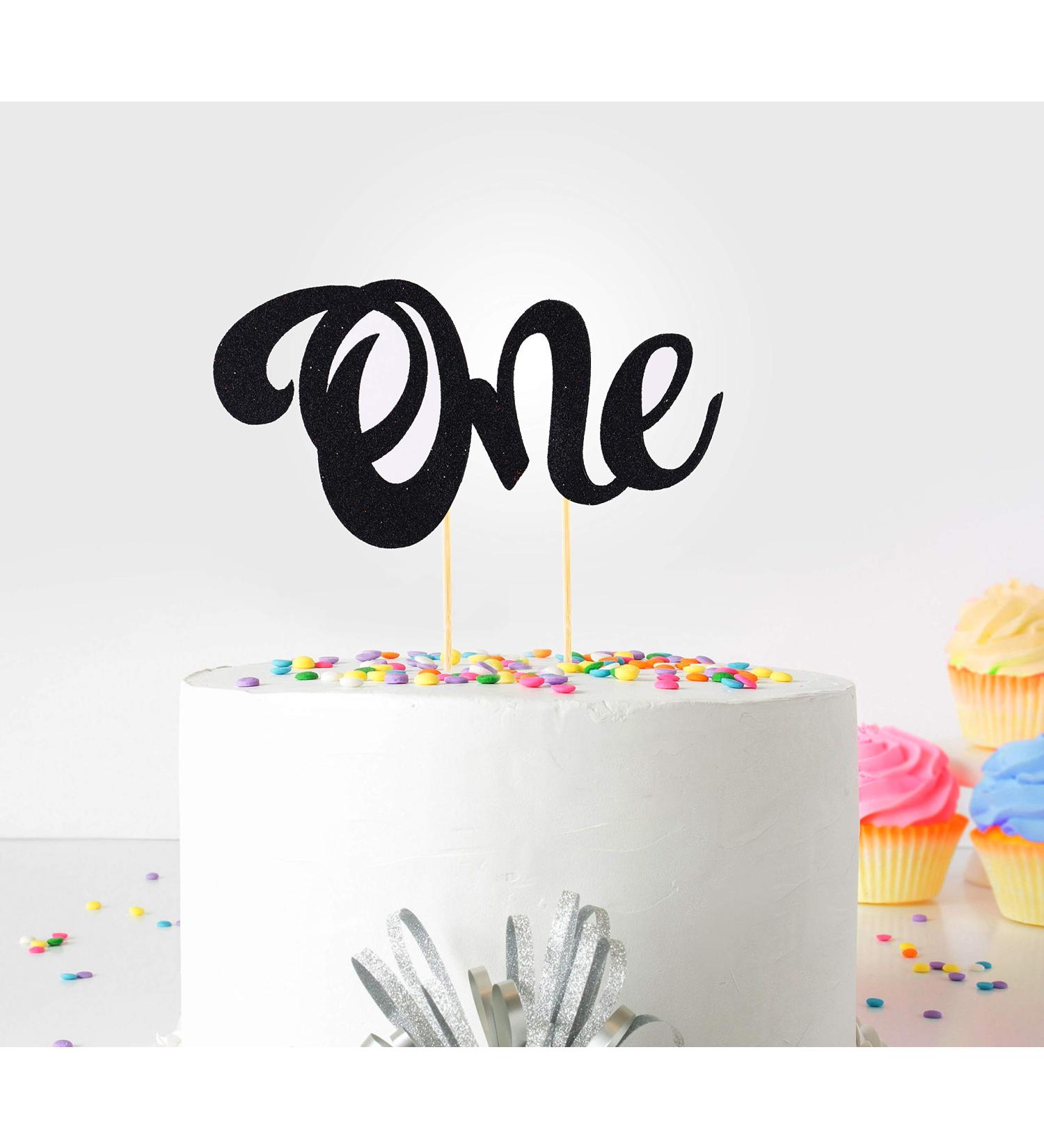 1st First Birthday Cake Topper Decoration ((Black) - One - with Double Sided Glitter Stock)