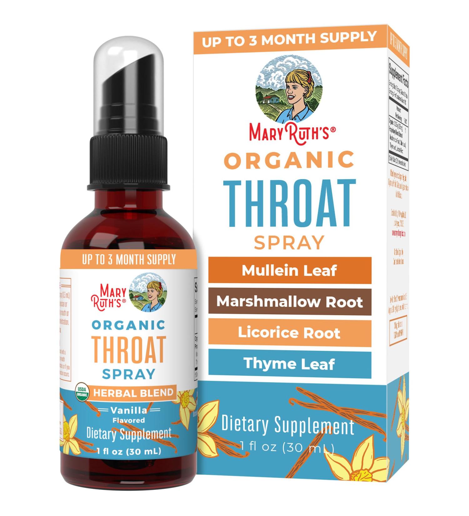 MaryRuth Organics USDA Organic Throat Spray with Mullein Leaf | Marshmallow Root & Licorice Root & Thyme Leaf | Vanilla | 4 Herbal Blend | Non-GMO | Vegan | Gluten Free | 1 Fl Oz | Up to 100 Servings - Buy Online on GoSupps.com