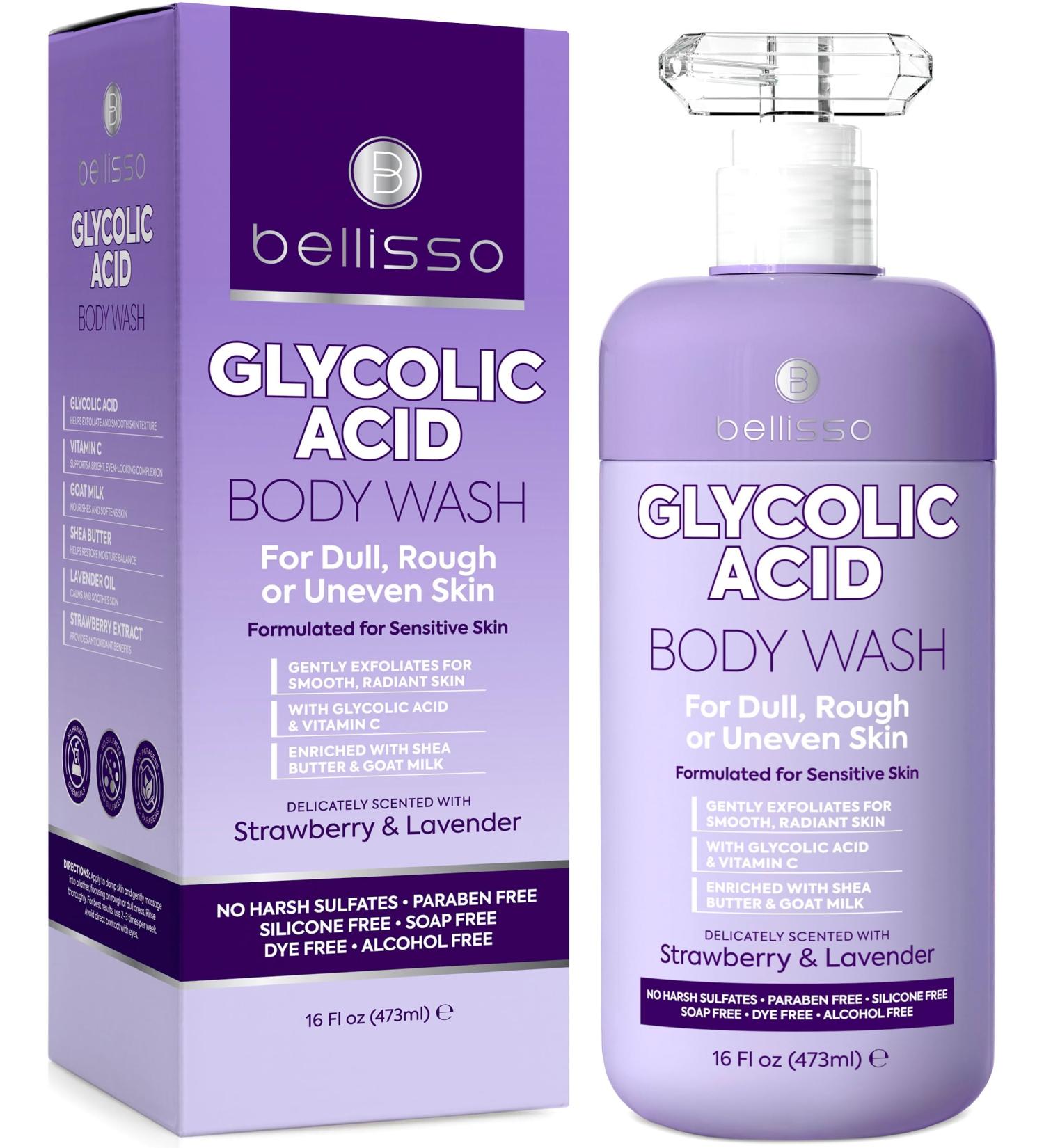 BELLISSO Glycolic Acid Body Wash - Exfoliating AHA Liquid Soap for Rough and Bumpy Skin - Gentle Exfoliant - Bump and Lump Eraser Formula - 16 Fl Oz - Buy Online on GoSupps.com
