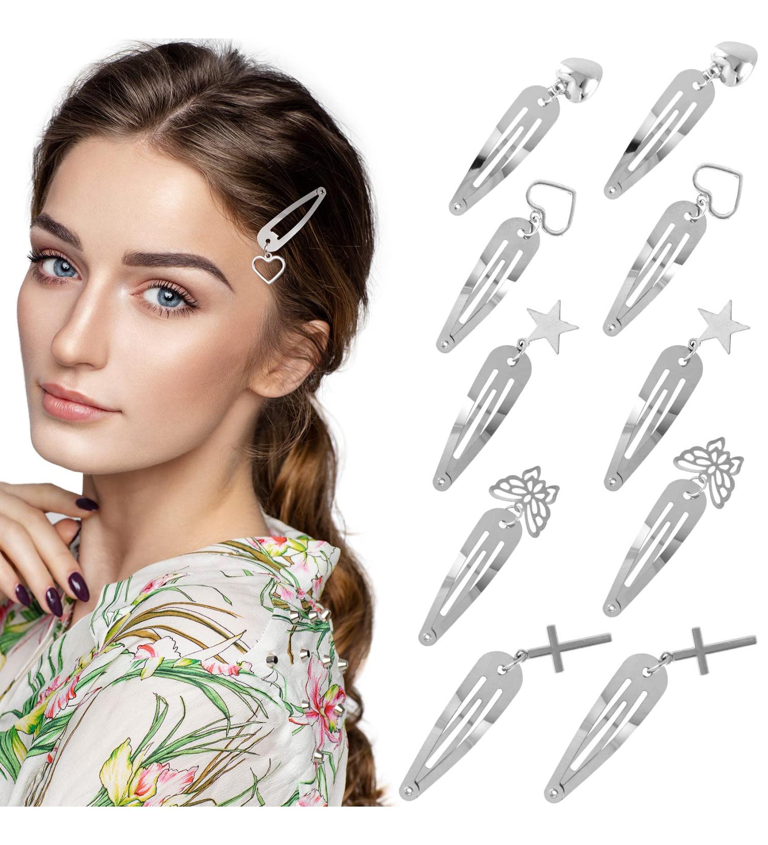 OIIKI 20 PCS Metal Hair Clips with Pendant - Goth Star, Heart, Butterfly Snap Clips - Silver Hairpins for Women & Girls - Buy Online on GoSupps.com