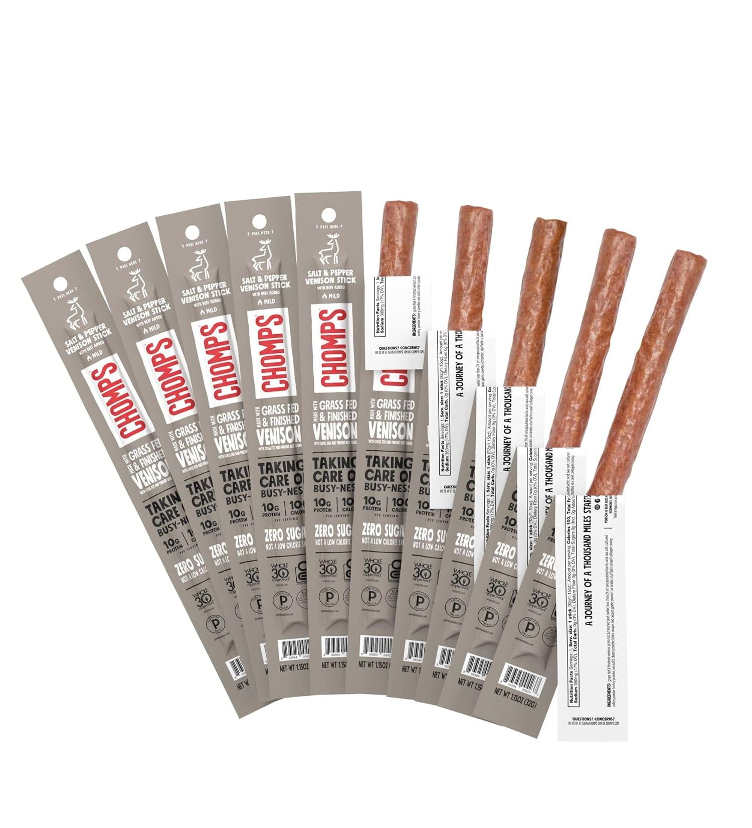 CHOMPS Grass Fed Venison Jerky Sticks 10 Pack - Keto, Paleo, Whole30 Approved, High Protein, Low Carb, Gluten & Sugar Free - 90 Calories, Salt & Pepper Flavor - 1.15 Oz Sticks - Buy Online on GoSupps.com