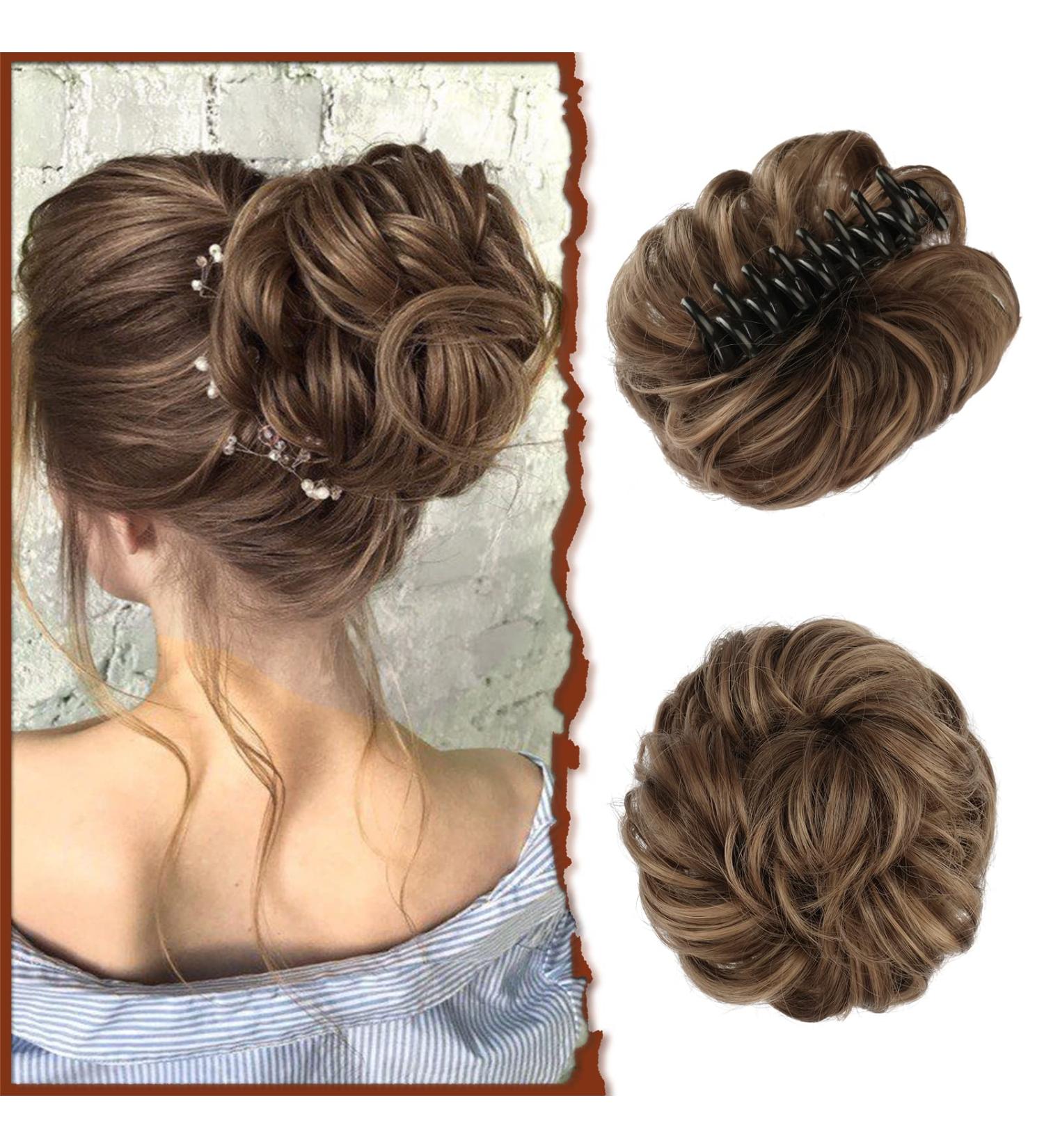 Sofeiyan Claw Clip Messy Bun Hair Piece - Wavy Curly Chignon Ponytail Extension in Ash Brown & Golden Brown tones - Buy Online on GoSupps.com