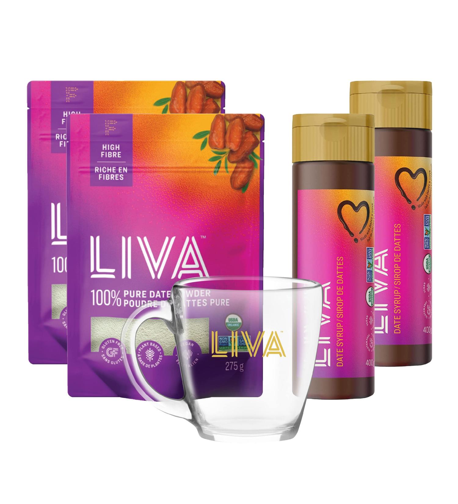 LIVA Date Syrup and Date Powder Gift Box Includes 2 LIVA Date Syrup 400g 2 LIVA Date Powder 275g and 1 LIVA Branded Glass Mug Mother's Day | Housewarming | Corporate Foodie | Baking Enthusiast - Buy Online on GoSupps.com