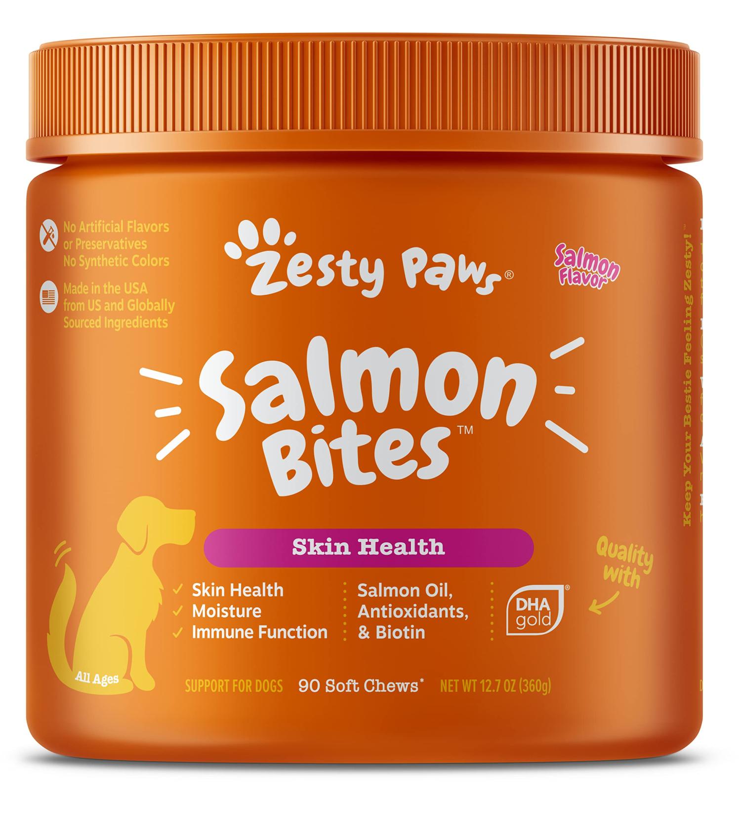 Zesty Paws Salmon Bites â€“ Skin & Coat Chews for Dogs | 90 Soft Chews, All Ages - Buy Online on GoSupps.com