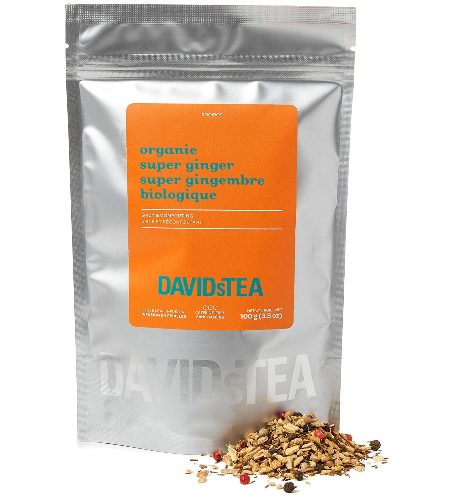 DAVIDsTEA Organic Super Ginger Loose Leaf Tea - Caffeine-Free Blend with Rooibos and Peppercorns - 4 oz / 113 g - Buy Online on GoSupps.com