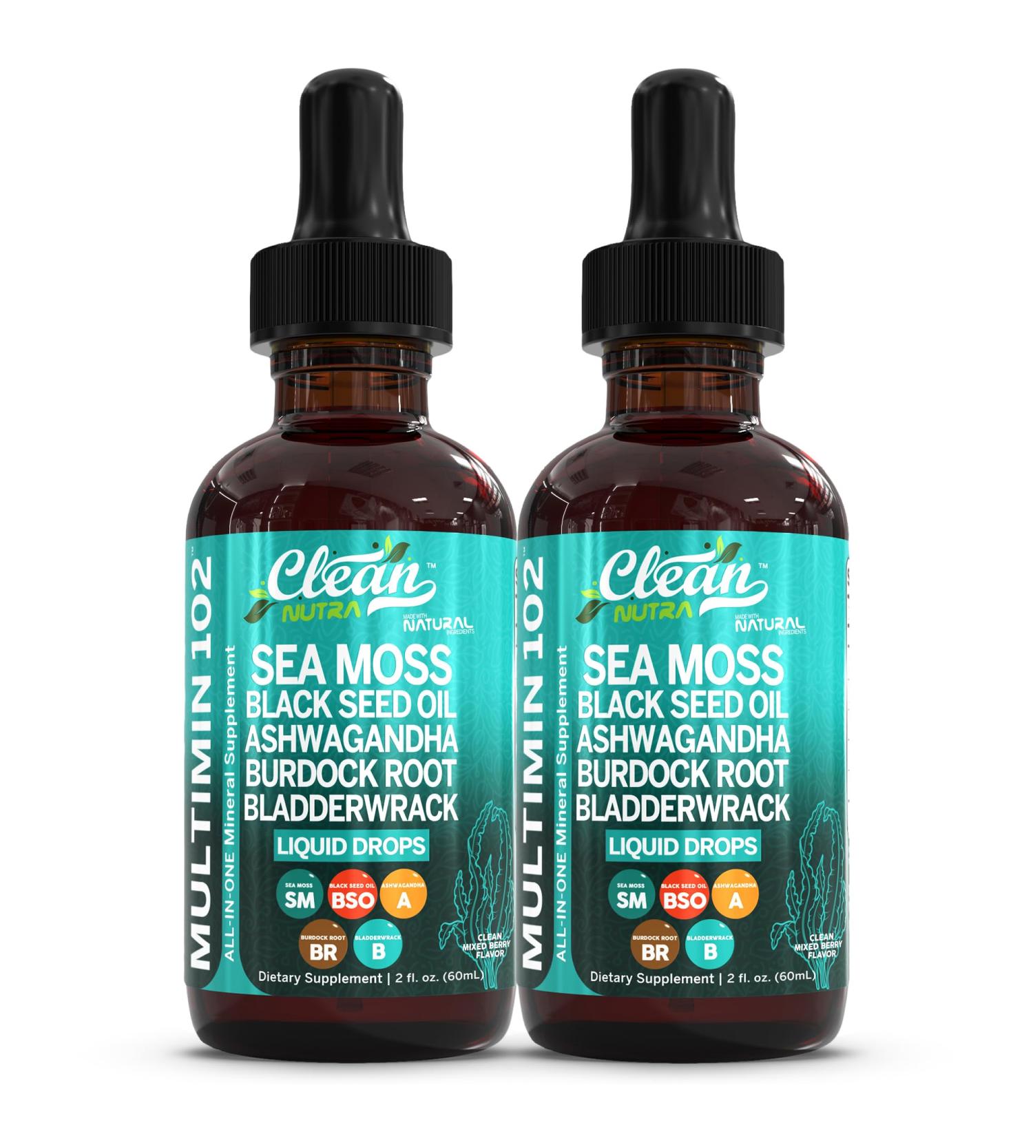 Clean Nutraceuticals Sea Moss Drops Supplement Liquid with Black Seed Oil Ashwagandha Burdock Root & Bladderwrack - Multimineral Organic Non-GMO Vegan for Gut Heath Skin Immune Support Hair (2) - Buy Online on GoSupps.com