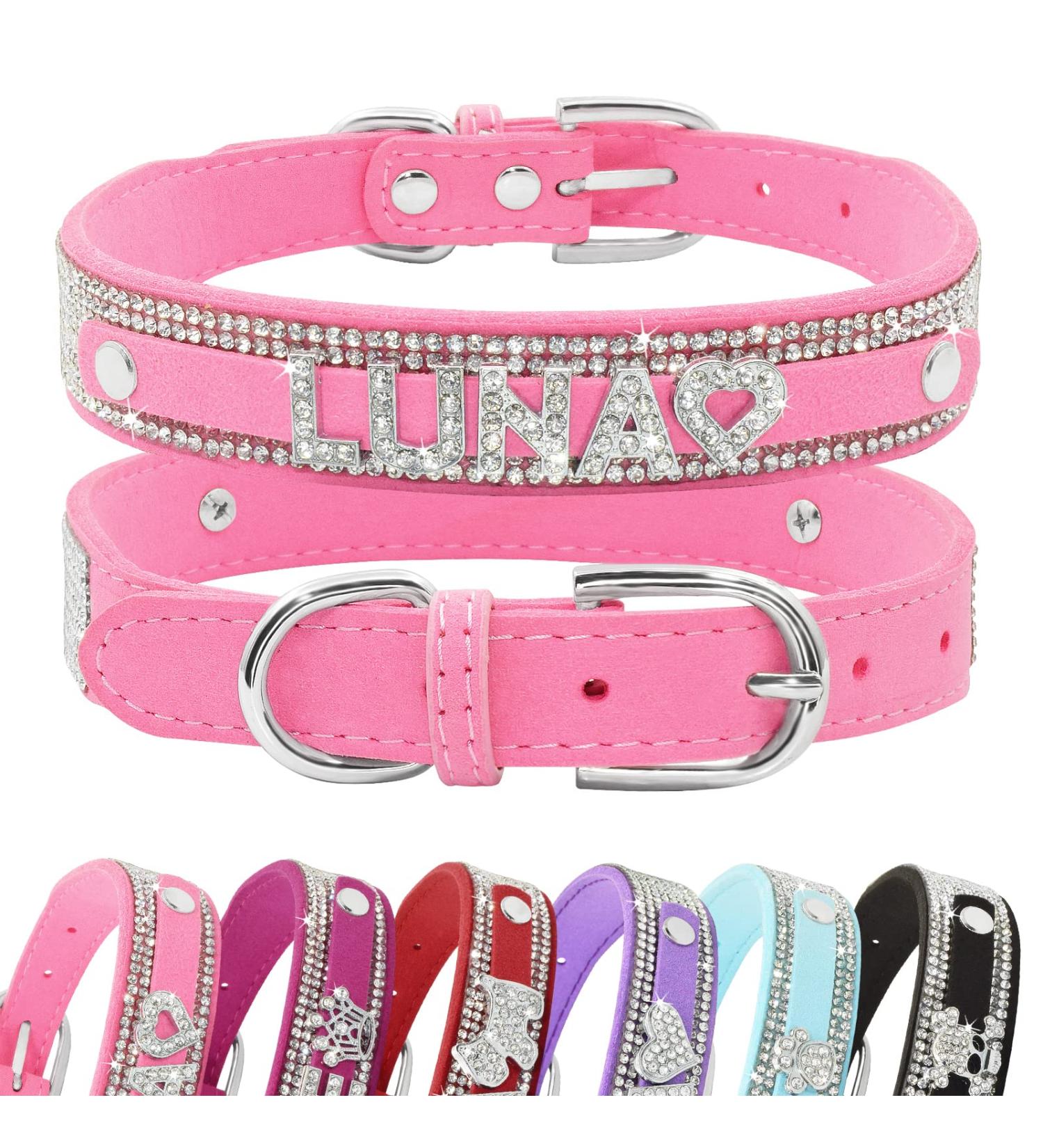 Senristar Personalized Bling Rhinestone Dog Collar - Custom Glitter Crystal Diamond for Small Medium Large Dogs | Rose | 2.0 cm Width 32-38 cm Neck - Buy Online on GoSupps.com