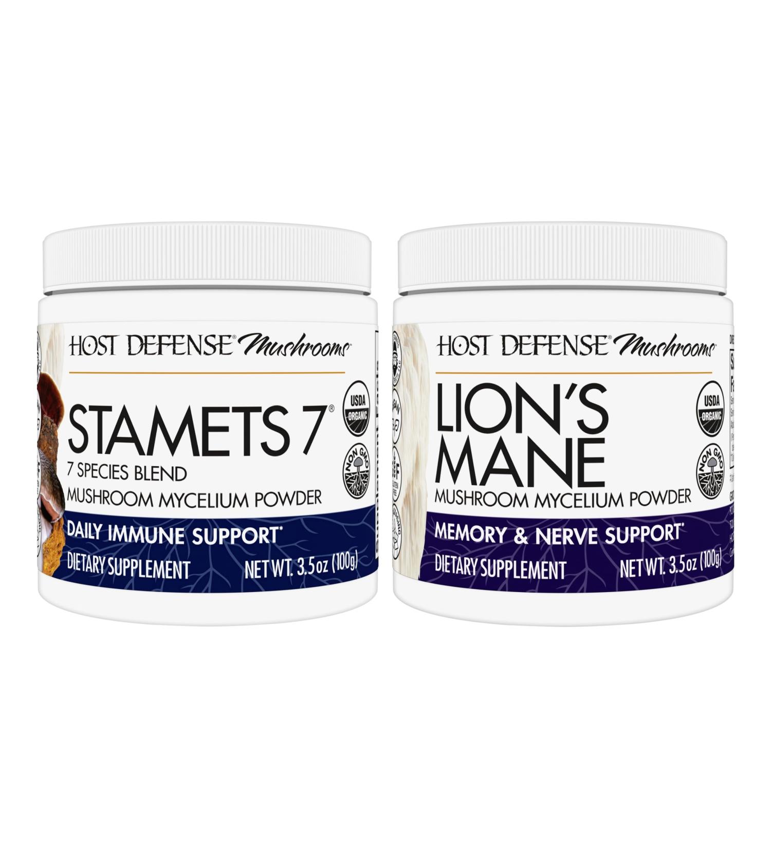 Host Defense Bundle with Stamets 7 Mushroom Powder 3.5 oz & Lion's Mane Powder 3.5 oz - Support Immune Health with 7 Species Blend - Support Brain Health Memory & Focus* - Buy Online on GoSupps.com