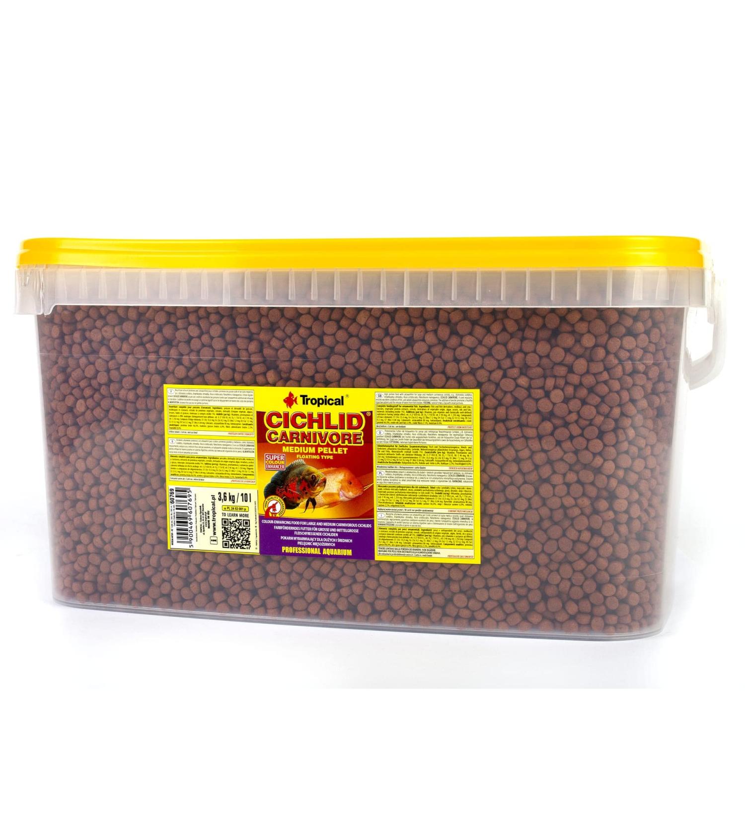 Tropical Cichlid Carnivore Medium Pellet 10L / 3.6kg - Color Enhancing Food for Large and Medium Sized Carnivorous Cichlids