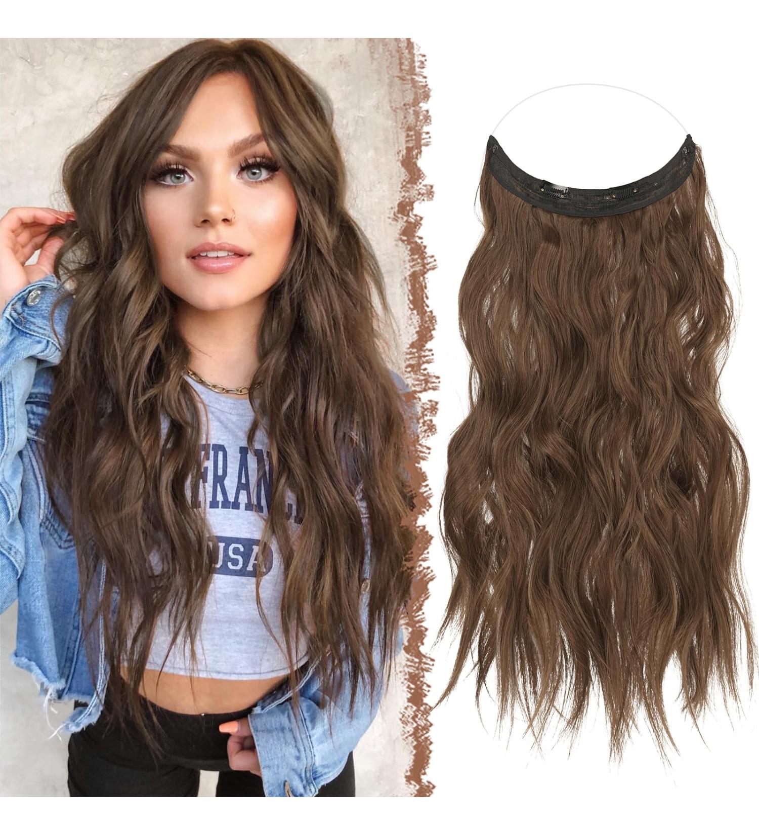 FESHFEN Invisible Wire Hair Extensions - 20 Long Wavy Copper Chestnut Brown Synthetic Hairpiece for Women - Buy Online on GoSupps.com