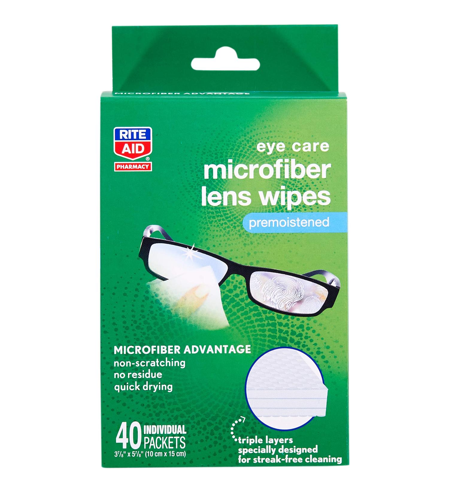 Rite Aid Eye Care Microfiber Lens Wipes, Premoistened, Individually Wrapped Packets - 40 Count | Quick Drying, Anti-Streak Formula| Eyeglass Cleaning Wipes | Eye Glass Cleaner and Cloths | Lens Wipes