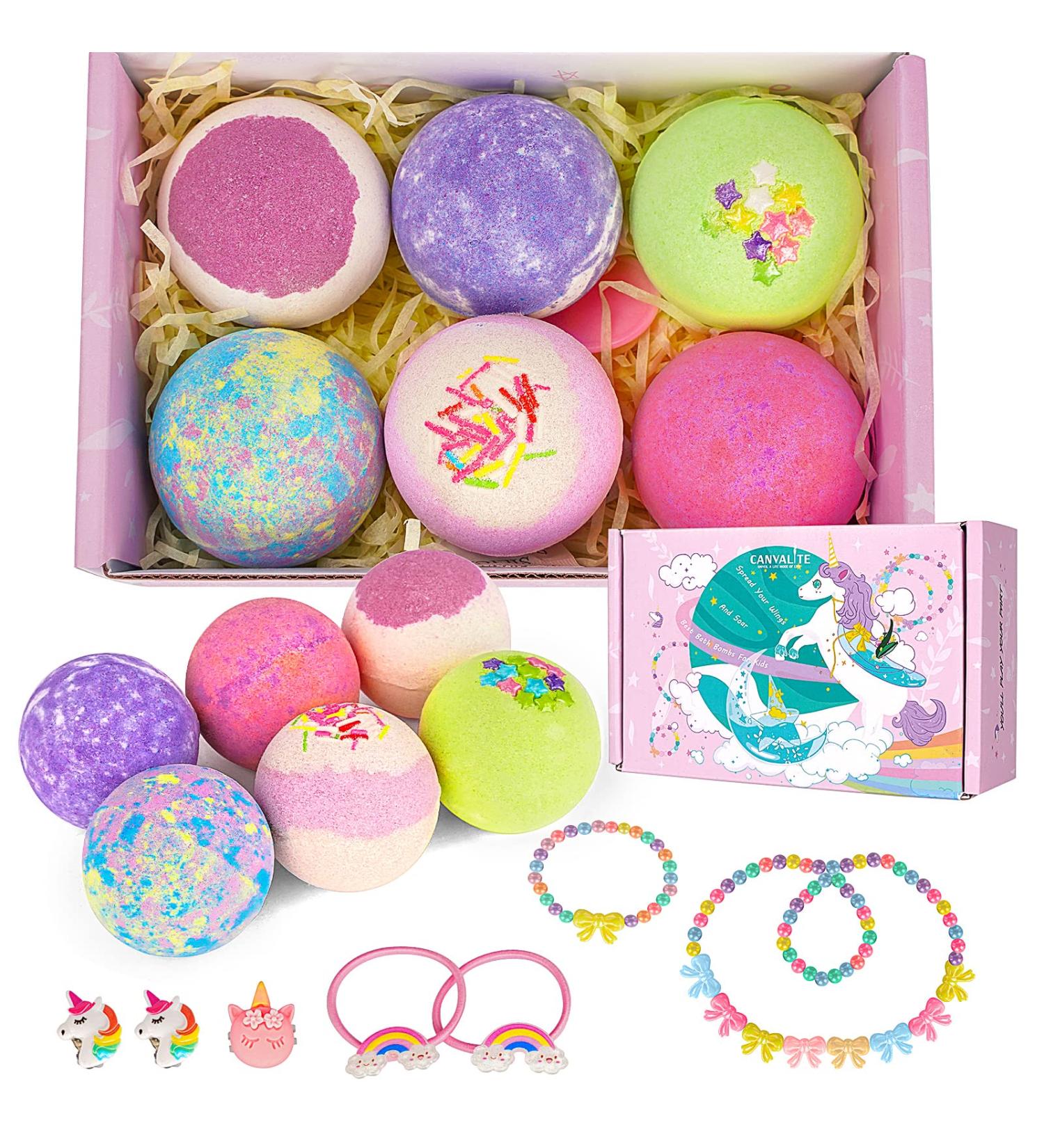 Canvalite Unicorn Bath Bombs for Kids - 6 Pc Gift Set with Surprise Inside | Organic Natural Spa Fizzy Bubbles | Skin Friendly | Fizz Balls with Jewelry Toy | Strawberry Scented - Buy Online on GoSupps.com