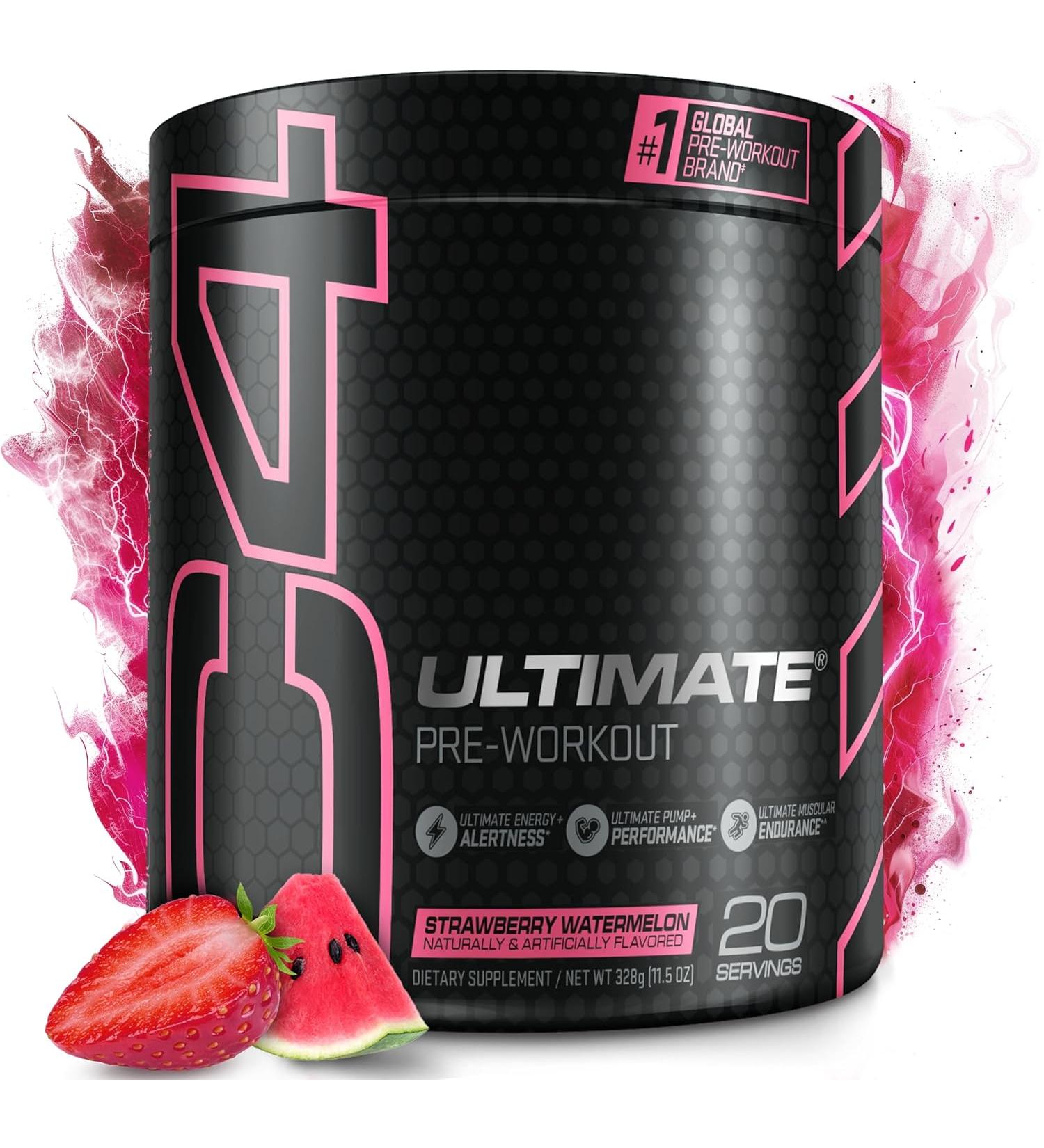 C4 Ultimate Pre Workout Powder Watermelon - Sugar Free Energy Supplement - 300mg Caffeine, 3.2g Beta Alanine, 2 Patented Creatines - for Men & Women - 20 Servings Strawberry Watermelon - Buy Online on GoSupps.com