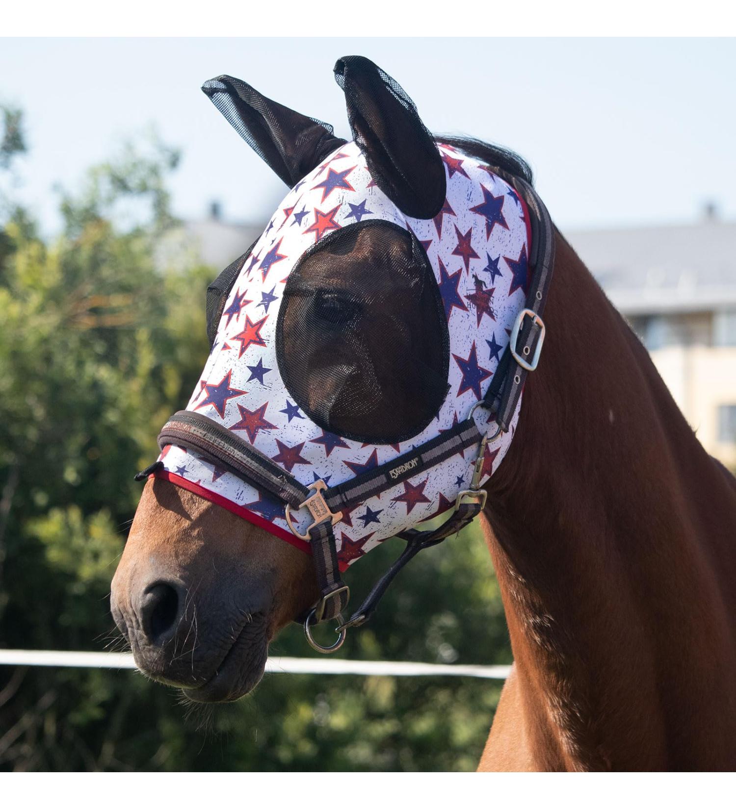 Harrison Howard Super Comfort Stretchy Fly Mask - UV Protection Large Eye Space Medium Size Red & Blue Star Design - Buy Online on GoSupps.com