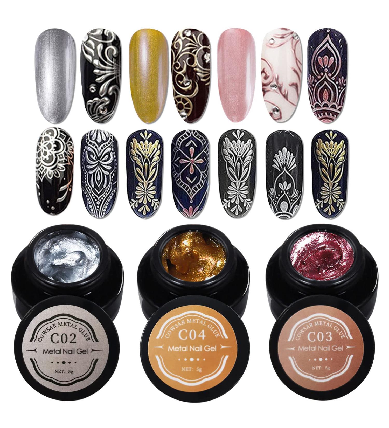 U-Shinein 3 Colors Metallic Nail Painting Gel Golden Silver Red Painted Gel Nail Polish 3D Metal Painting Gel Soak Off UV DIY Nail Art Manicure Color 02 - Buy Online on GoSupps.com