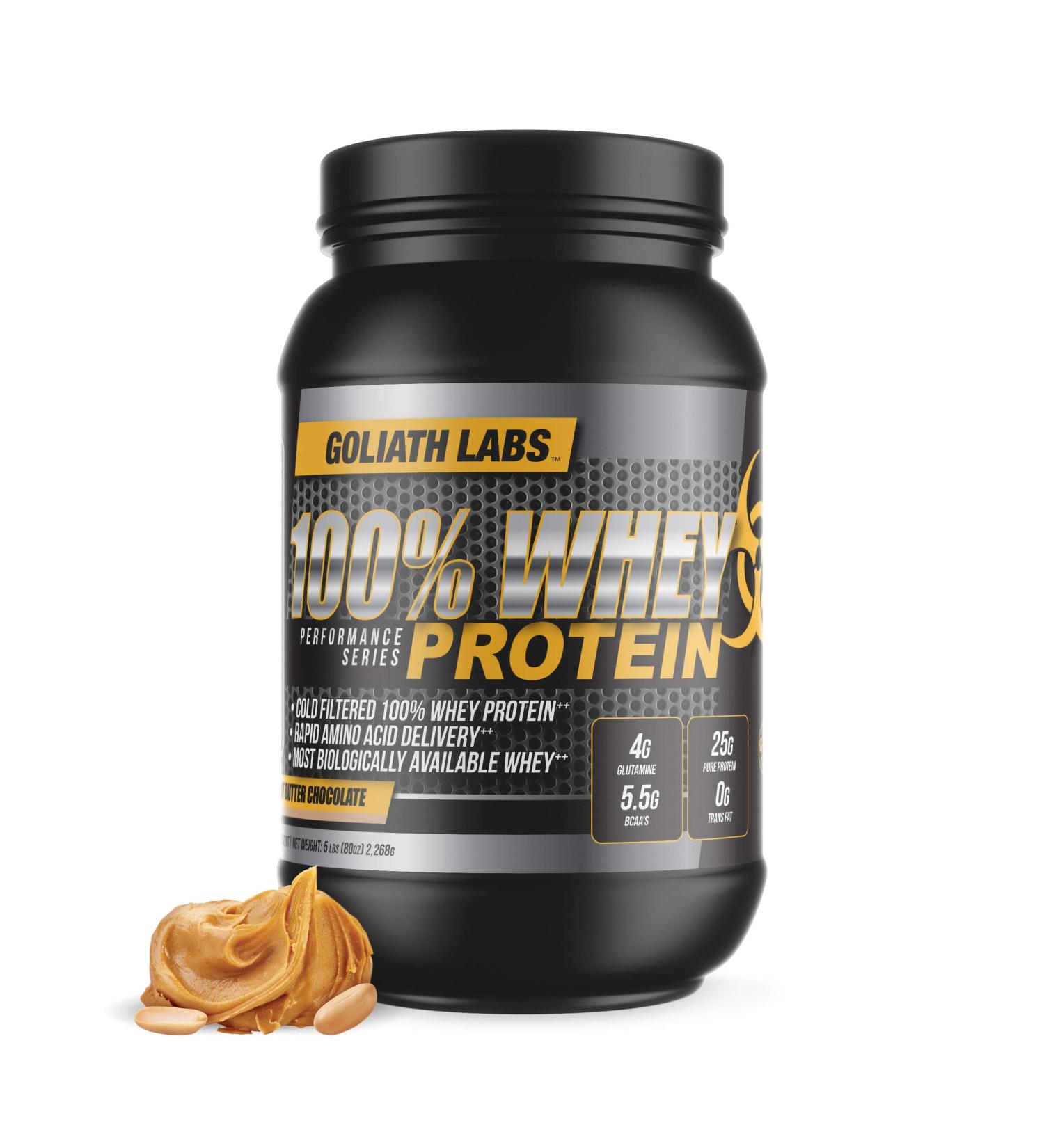 Goliath Labs 100% Whey Protein Powder Isolate Fast-Absorbing Workout Supplement for Men & Women 25g Protein, 5.5g BCAAs Lean Muscle Growth & Recovery 5 lbs/68 Servings (Peanut Butter Chocolate) - Buy Online on GoSupps.com