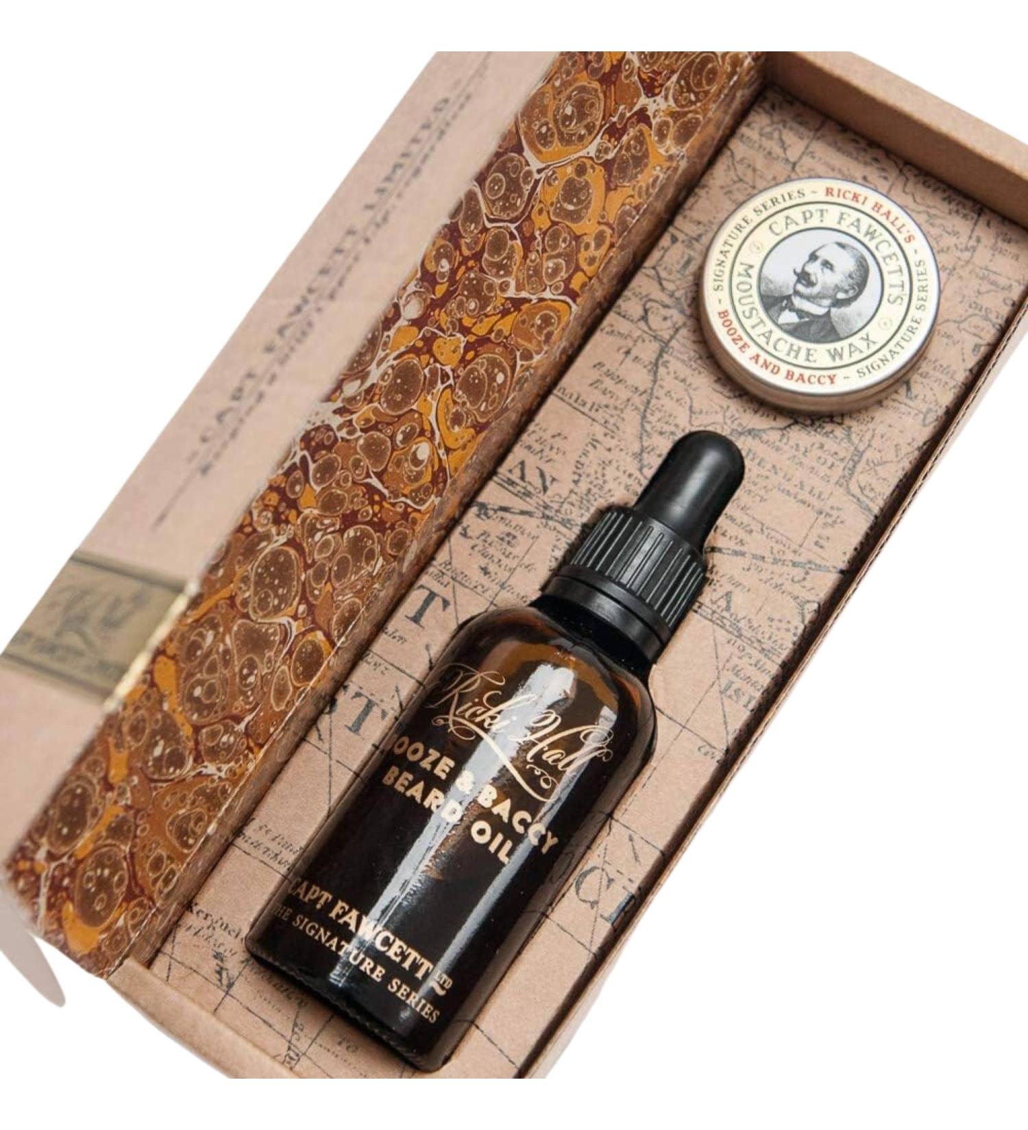 Captain Fawcett's Ricki Hall's Booze & Baccy Beard Oil & Moustache Wax Gift Set - Premium Grooming for Beards & Moustaches | International Shipping Available - Buy Online on GoSupps.com