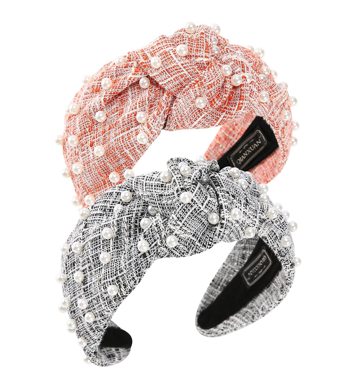 White Pearl Wide Headband Set for Women - Fashion Top Knot Hair Bands (2 Pack) - Buy Online on GoSupps.com