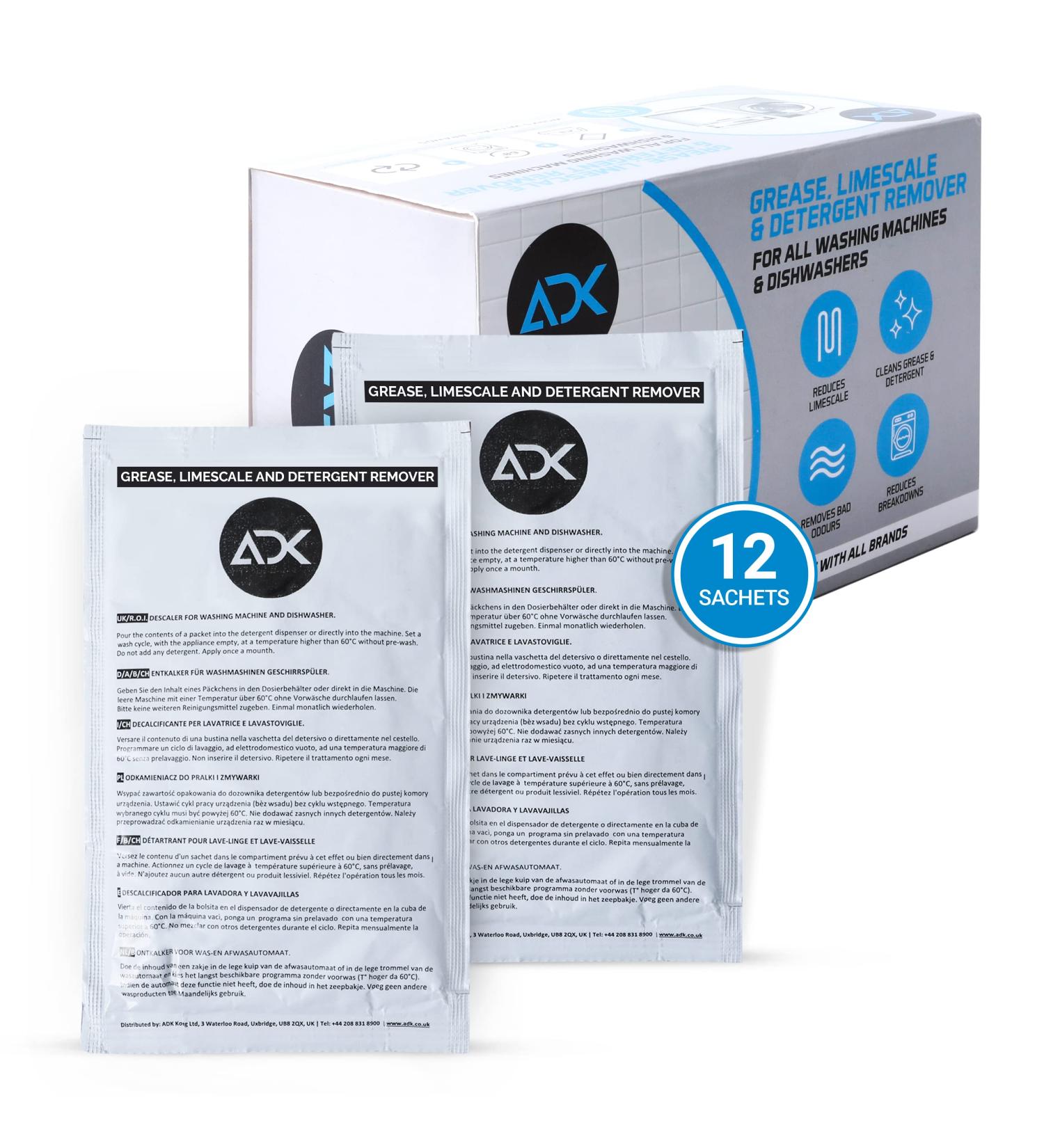 ADK Washing Machine Cleaner Limescale Descaler Detergent & Antibacterial Smells Remover Sachets Keeps Dishwasher and Washing Machines Fresh Cleaning Mould and Smelly Odour (1 Box has 12 Sachets) - Buy Online on GoSupps.com