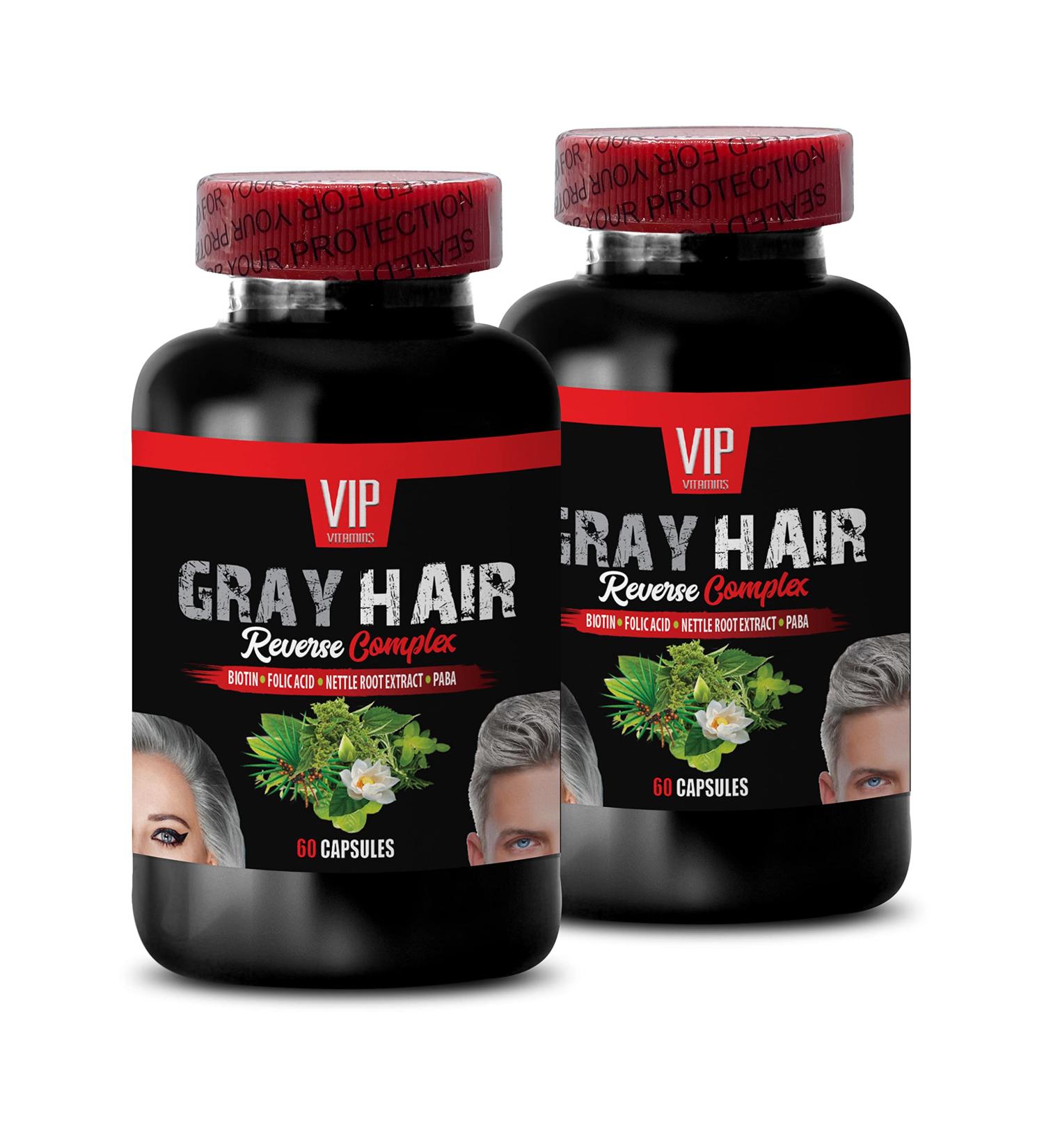 Stinging Nettle Root Supplement - GRAY HAIR REVERSE COMPLEX - Barley Grass Juice Powder Stinging Nettle Root PABA Biotin Vitamin B-6 Fo-Ti Root Powder Saw Palmetto Berries 2 Bottles 120 Capsules - Buy Online on GoSupps.com