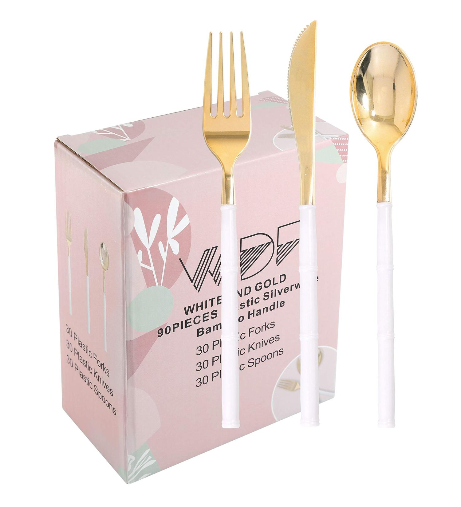 Gold Plastic Silverware Set - 90 Pieces Heavy Duty Cutlery for Christmas - Includes 30 Forks, 30 Spoons, 30 Knives with White Handle - Buy Online on GoSupps.com