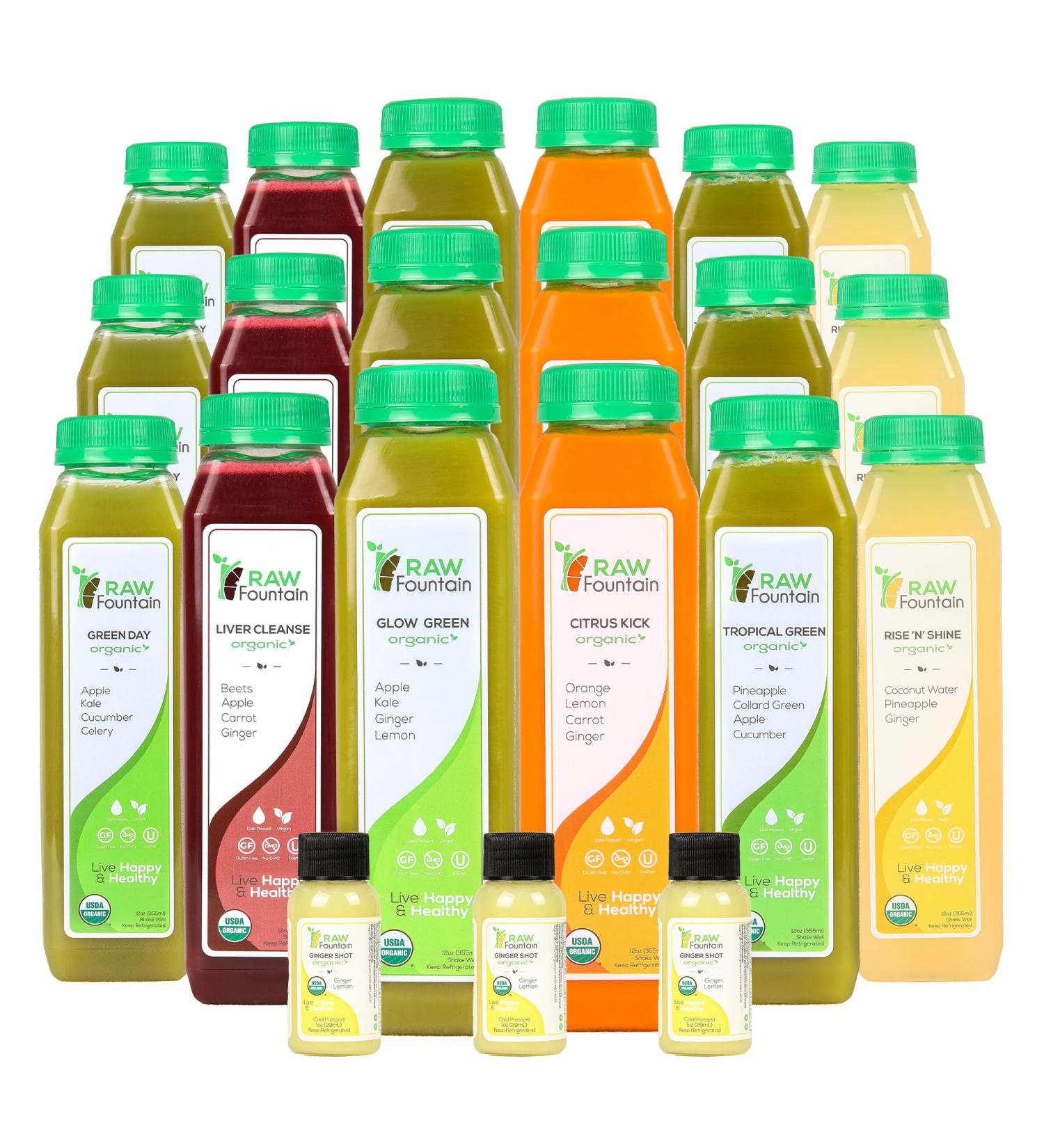 RAW Fountain 5 Day Juice Cleanse Certified USDA Organic All Natural Raw Detox Cleanse Juicing for Body Reset Cold Pressed Juice Fast 5 Ginger Shots 5 Day Cleanse - Buy Online on GoSupps.com