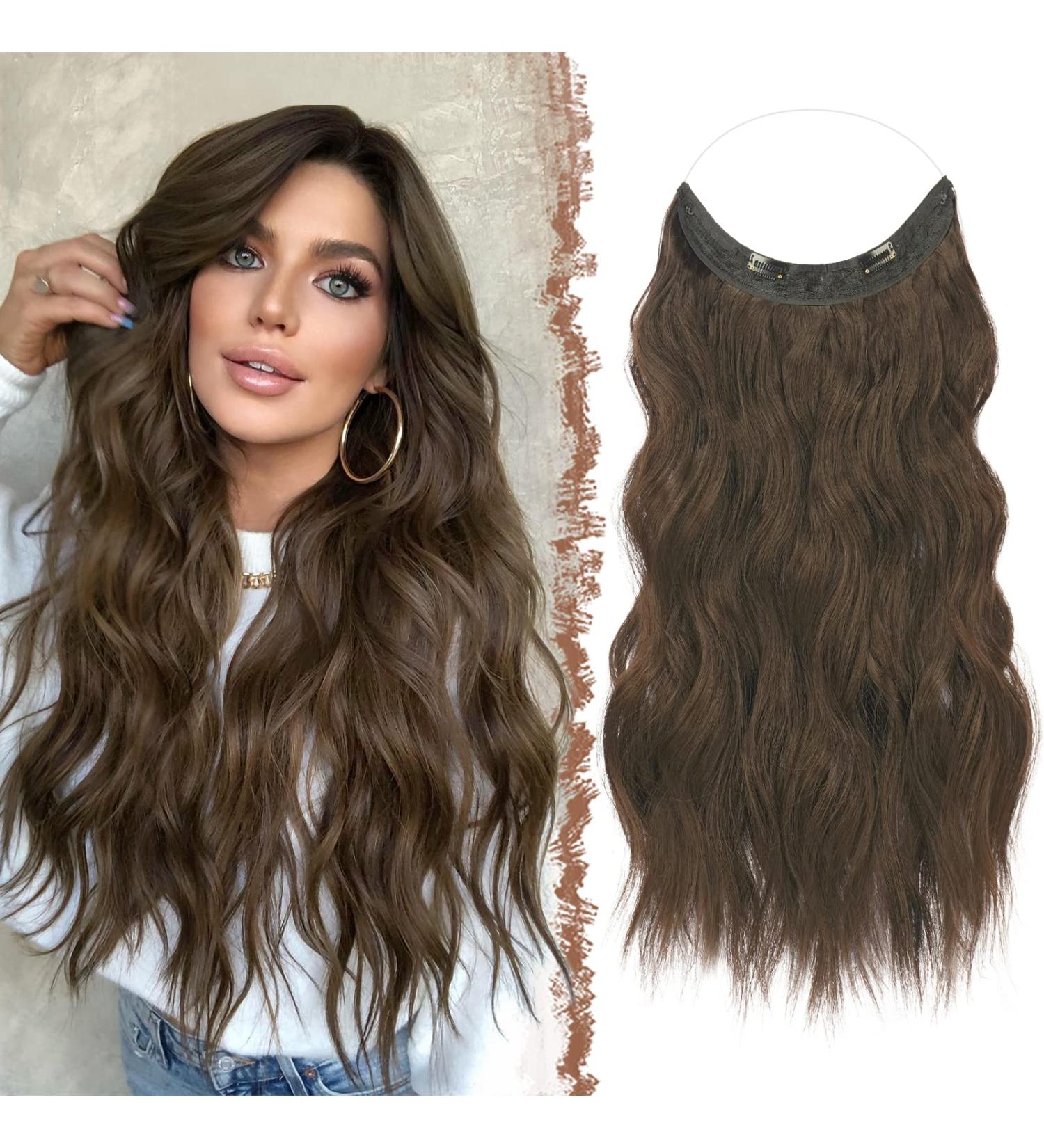 FESHFEN Invisible Wire Hair Extensions 16 Inch Chestnut Brown - Adjustable Size, Secure Clips - Long Wavy Synthetic Hair Headband for Women - Buy Online on GoSupps.com