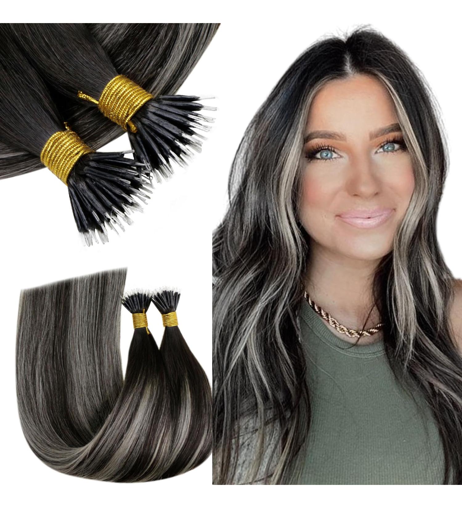 RUNATURE Black Balayage Nano Hair Extensions 22 Inch 50g Remy Nao Tip Real Human Hair - Black to Silver Ombre A-Nano-#1B/S/1B - Buy Online on GoSupps.com