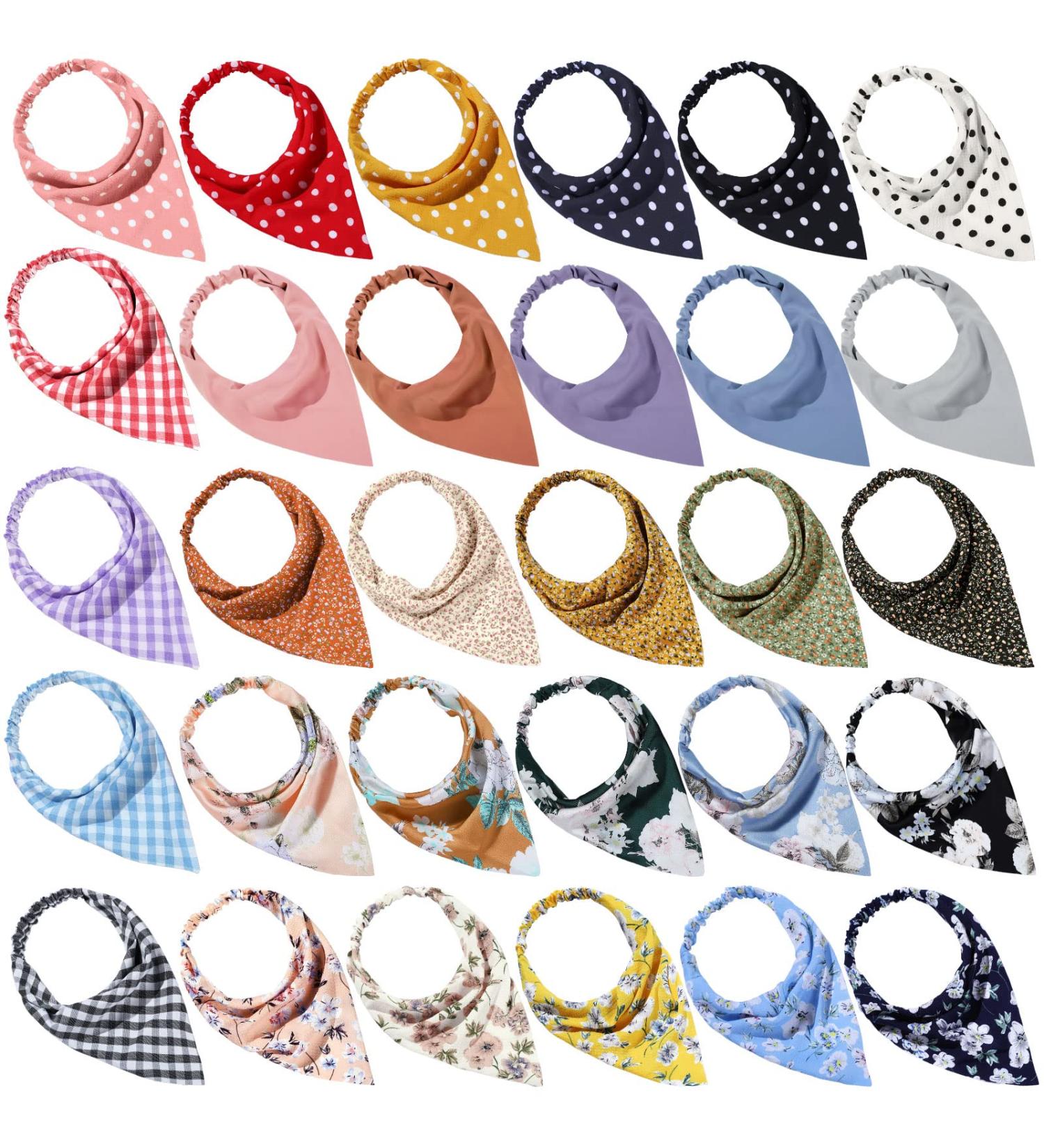 30 Pcs Floral Chiffon Elastic Hair Bandanas for Women | Boho Triangle Head Scarf Set | Plaid Dots Printed Headbands and Hair Accessories - Buy Online on GoSupps.com