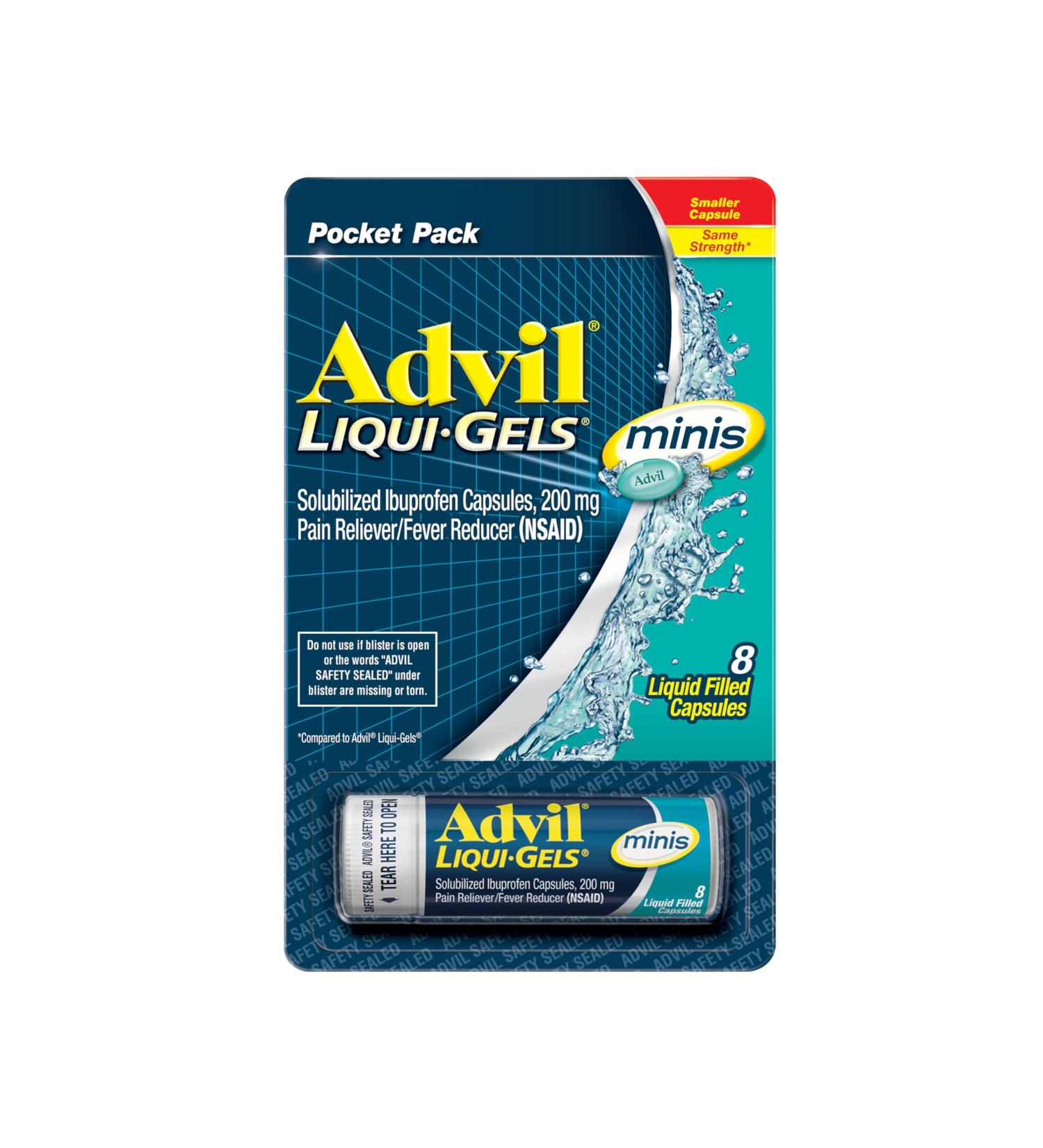 Advil Liqui-Gels Minis - Pain Reliever & Fever Reducer with 200mg Ibuprofen | 8 Liquid Capsules for Adult Pain Relief | International Shipping Available - Buy Online on GoSupps.com