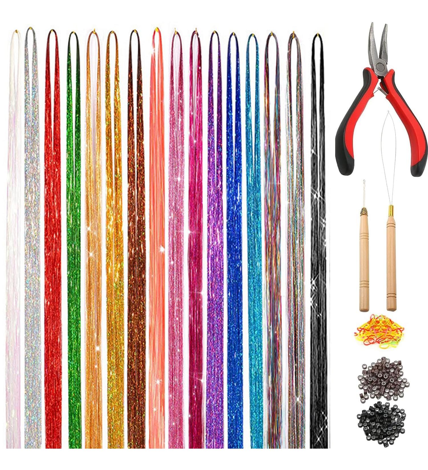 Movstriker Hair Tinsel Kit 16 Colors 3200 Strands 47 Inch Glitter Tinsel Hair Extensions Sparkling Hair Glitter with Tools Sparkling Shiny Hair Glitter for Women Girls Kids - Buy Online on GoSupps.com