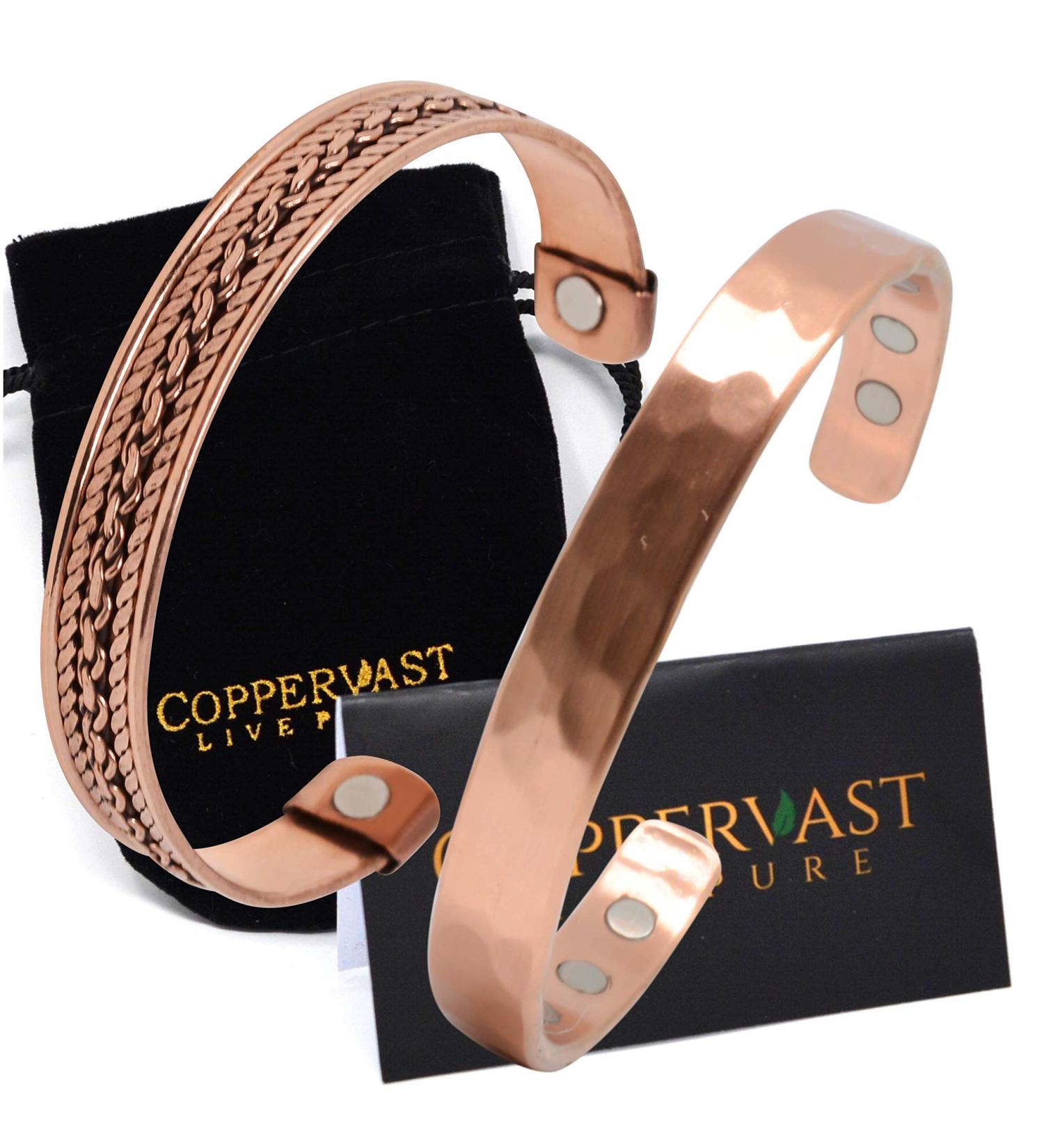 Copper Bracelets for Arthritis Relief - Set of 2 for Men and Women | 100% Copper with Therapy Magnets | Effective Natural Pain Relief (Hammered & Chain Inlay) - Buy Online on GoSupps.com