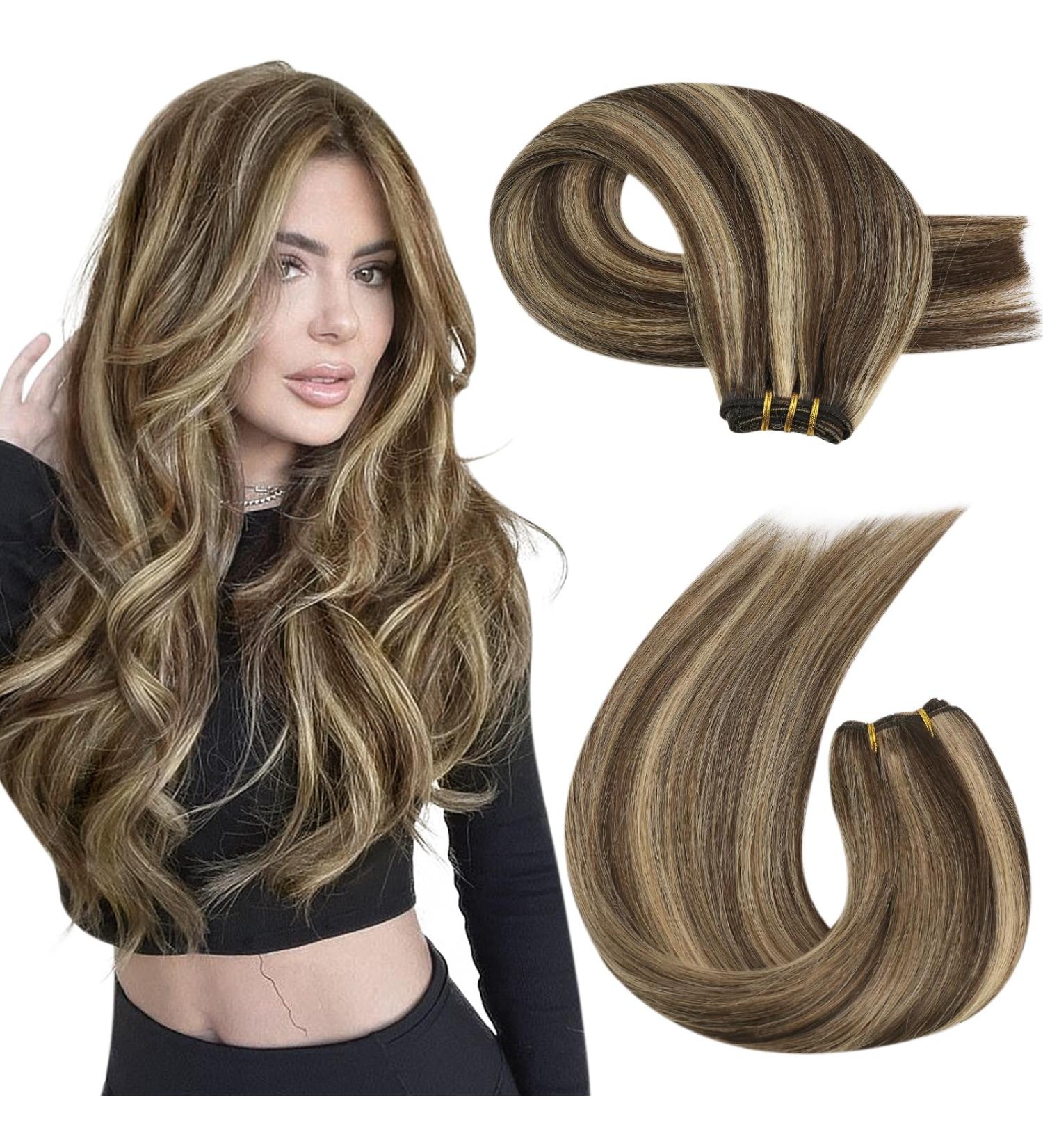 Moresoo Dark Brown with Caramel Blonde Human Hair Weft Extensions 24 Inch - Double Weft, 100g/Pack #P4/27 - Buy Online on GoSupps.com