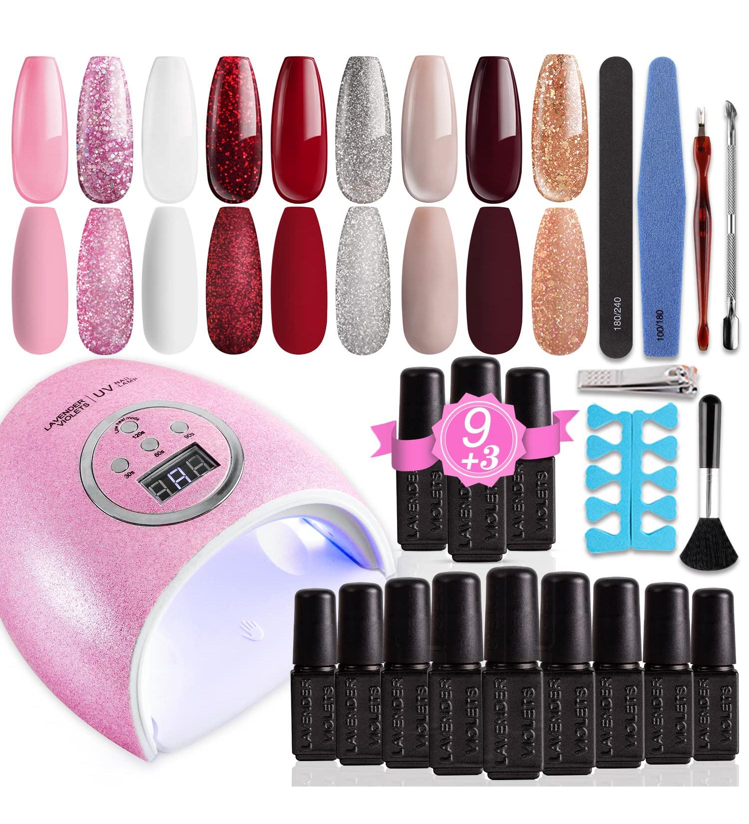 Lavender Violets 20pcs Gel Nail Polish Kit with UV Light - 9 Colors, Base Coat, Top Coat, Manicure Tools - DIY Starter Gift Set (F906 Blooming Rose) - Buy Online on GoSupps.com