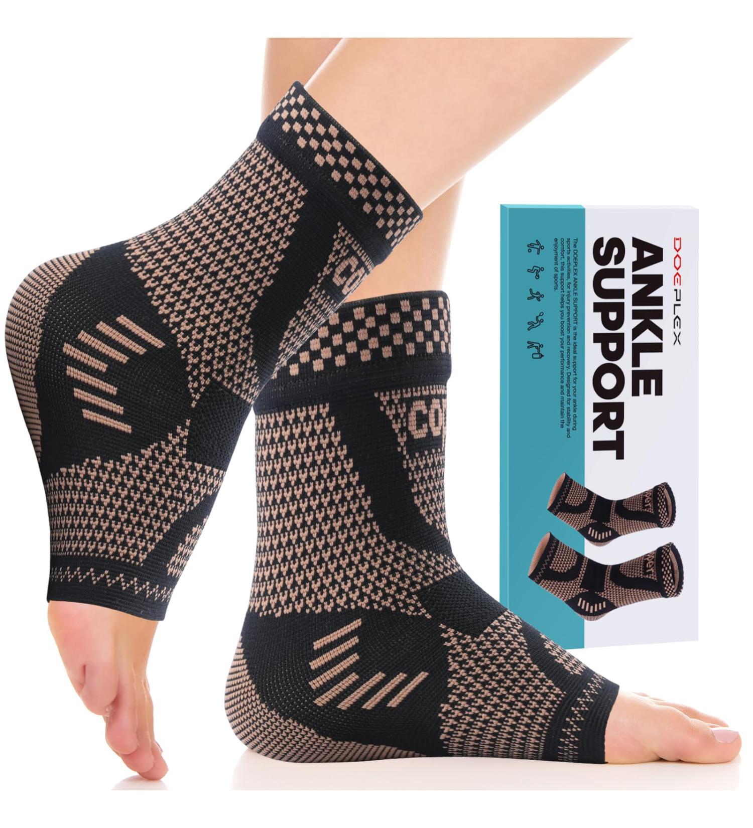 Shop Copper Ankle Brace Compression Sleeve for Pain Relief | Plantar Fasciitis & Achilles Tendonitis Support - Black/Gold - 1 Pair - Buy Online on GoSupps.com
