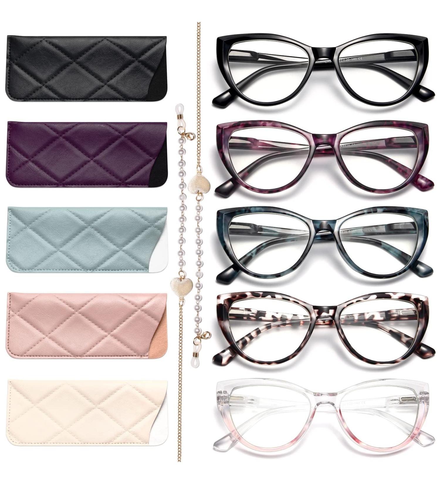 Gaoye 5 Pack Cat Eye Reading Glasses for Women - Blue Light Blocking Anti-Glare with Eyeglasses Chain - 1.25x Magnification - Buy Online on GoSupps.com