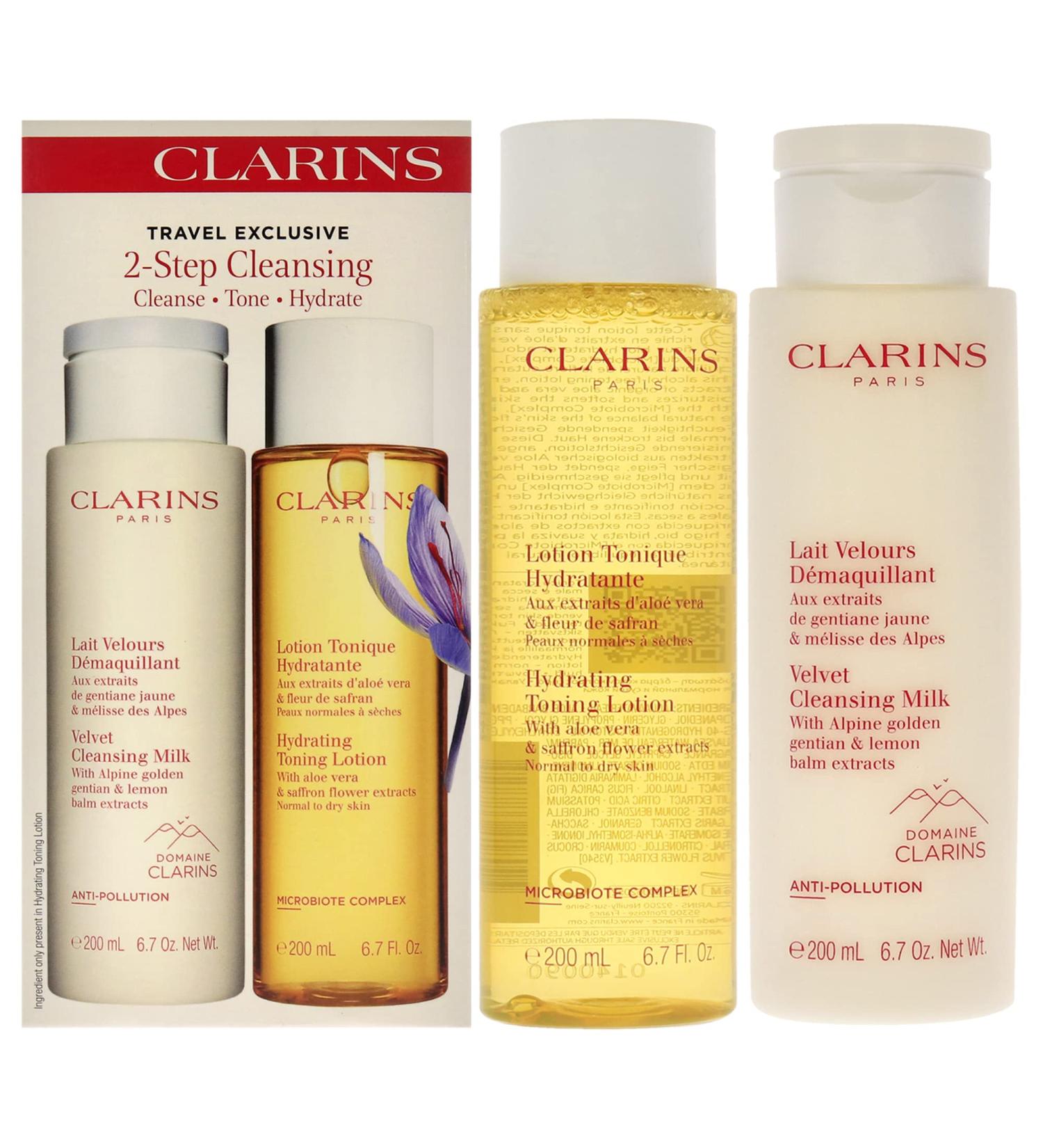 Clarins 2 Step Cleansing Kit For Women 2 Pc 6.7oz Velvet Cleansing Milk 6.7oz Hydrating Toning Lotion - Buy Online on GoSupps.com
