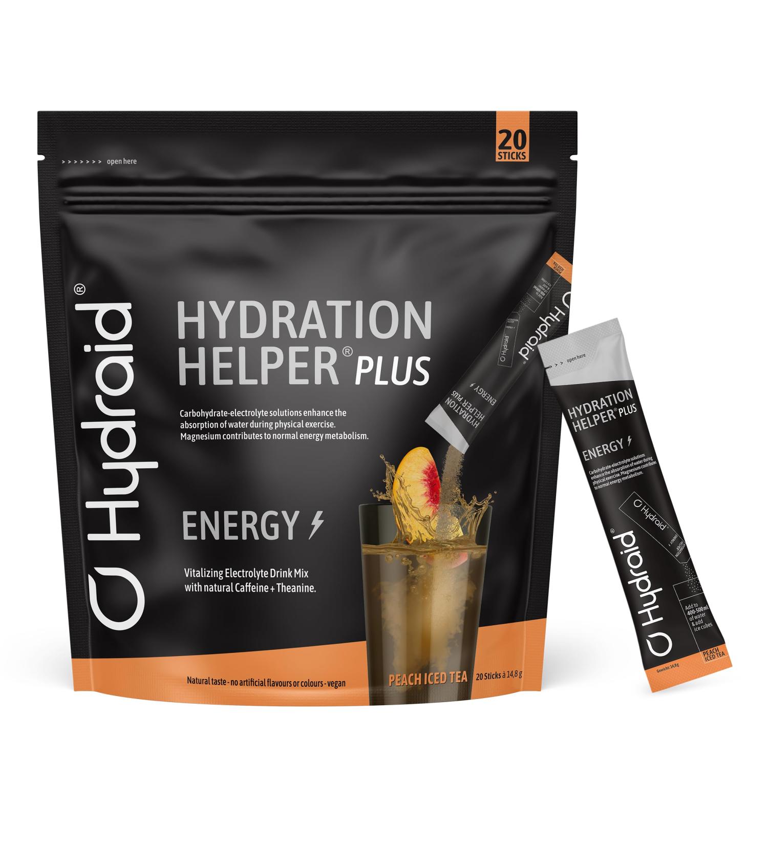Hydraid PLUS ENERGY Peach Iced Tea - Electrolyte Powder with Caffeine - More Energy and Focus - 20 Sticks - Buy Online on GoSupps.com