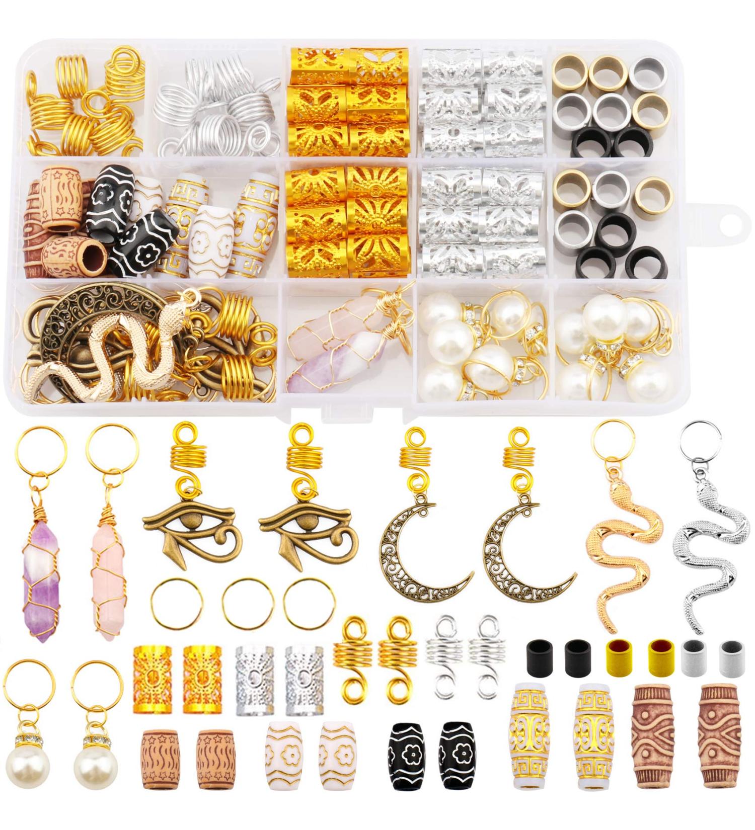 Messen 121Pcs Dreadlocks Jewelry Crystal Loc Adornment Set - Hair Accessories with Wood Beads, Hair Cuffs, Rings, and Pendants for Braids - Gold Finish - Buy Online on GoSupps.com
